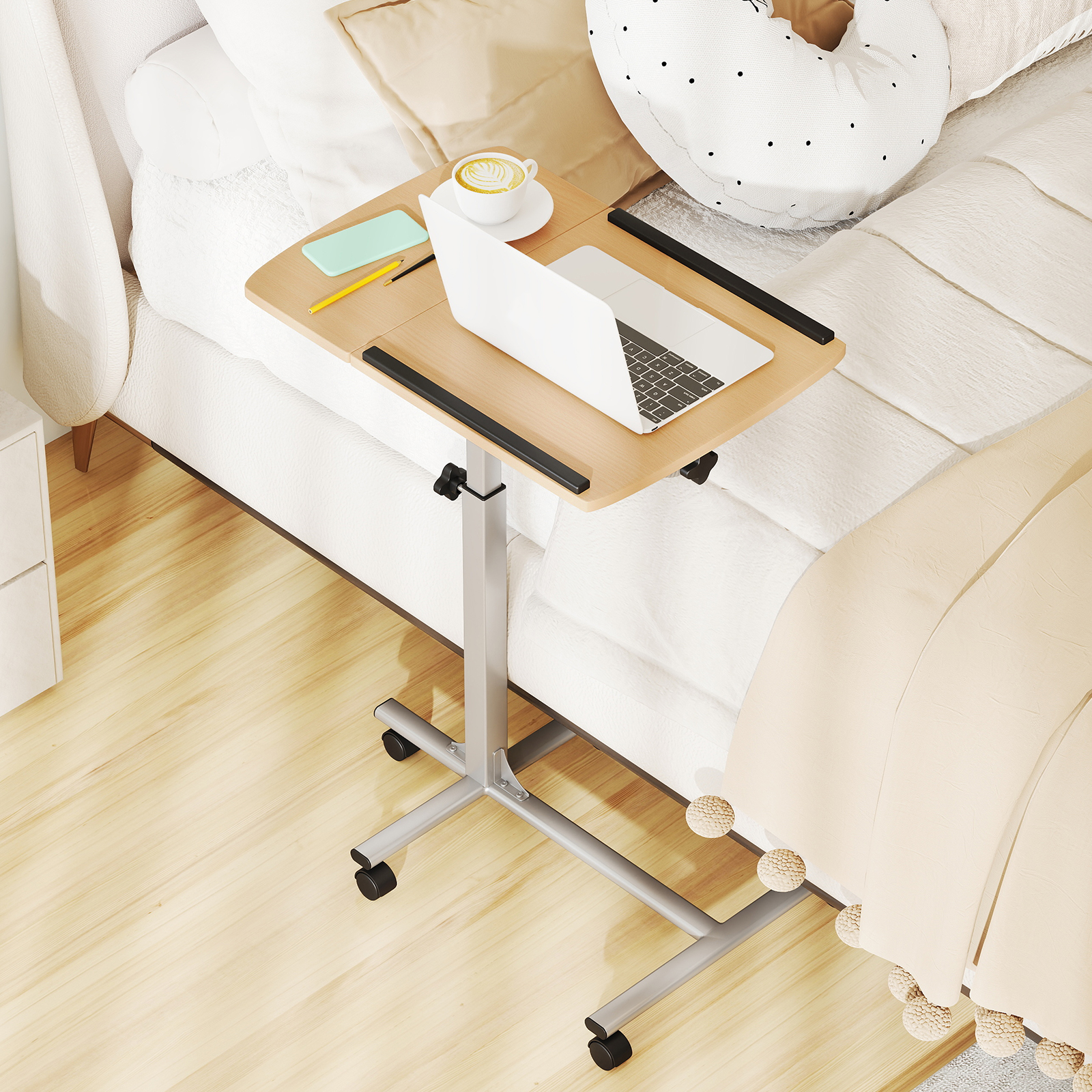 Laptoptisch mit 5 Rollen Beistelltisch Notebooktisch Höhe/Winkel verstellbar Rollentisch mit Bremsen 60×40×71-91cm Natur