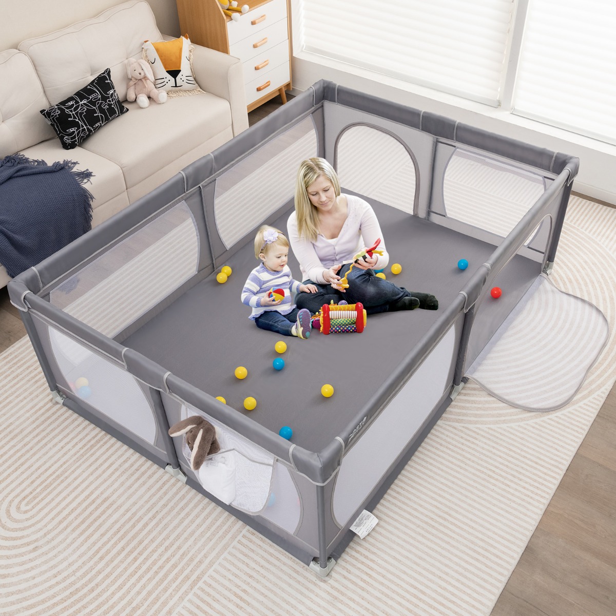 Baby Laufstall mit 50 Bällen & 2 Türen & Atmungsaktivem Netz Dunkelgrau