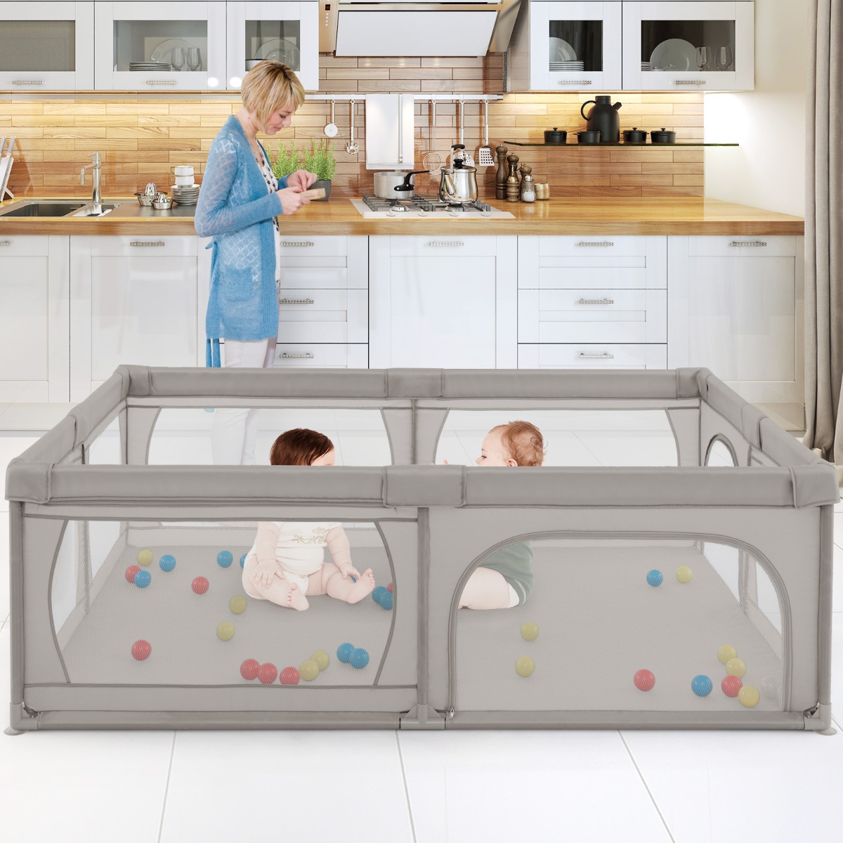 Baby Laufstall mit 50 Bällen & 2 Türen & Atmungsaktivem Netz & Reißverschluss Grau