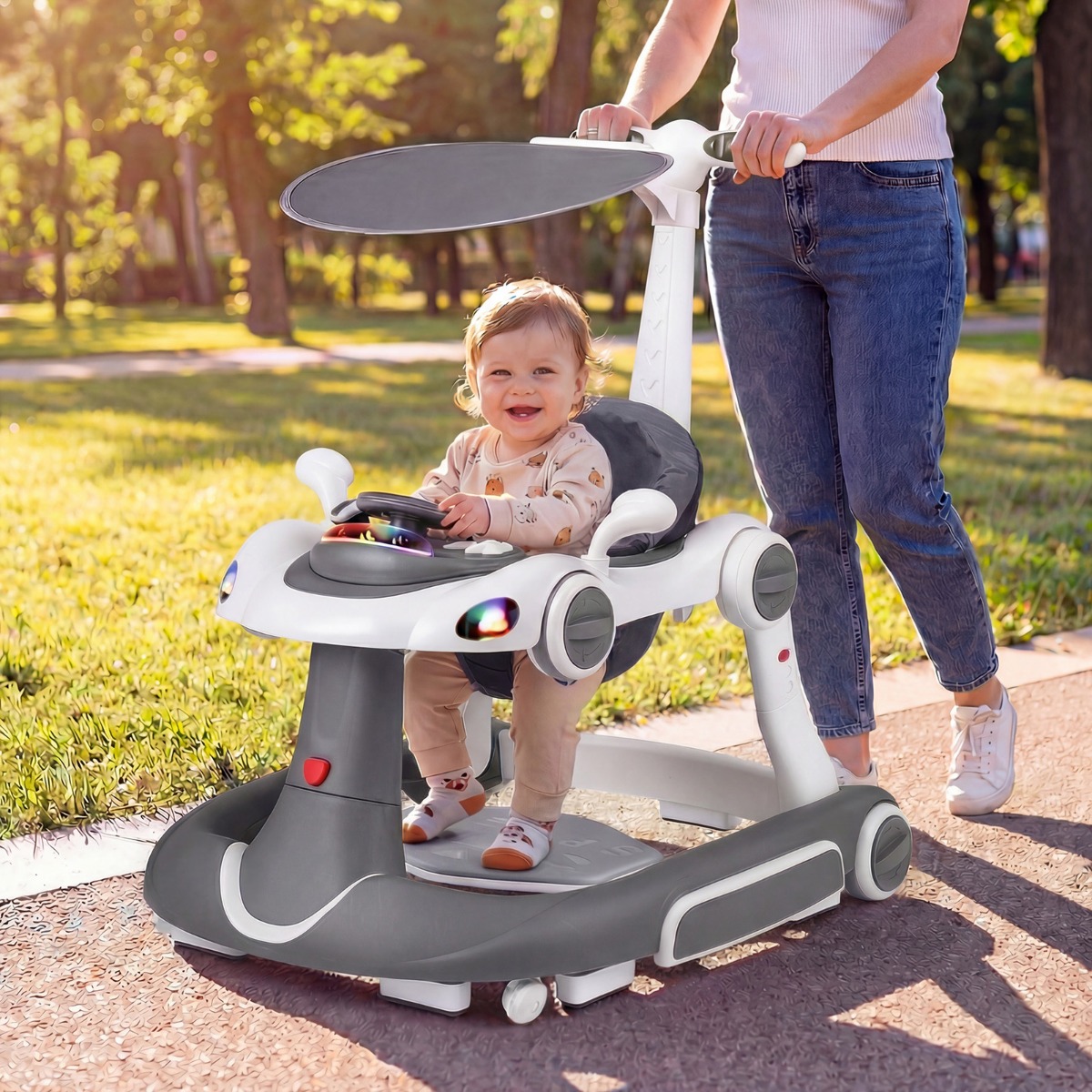 7 in 1 Lauflernhilfe mit Verdeck & Einstellbarer Höhe & Geschwindigkeit Klappbare Lauflerwagen Grau