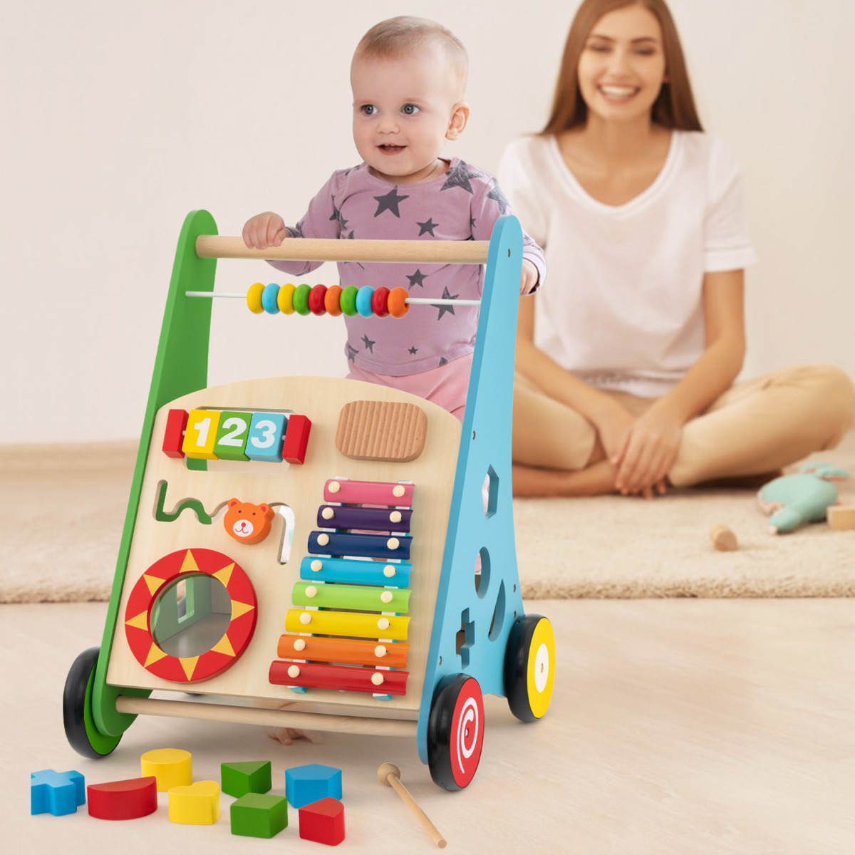 Holz Baby Lauflernhilfe mit glatten Griffe & Integrierten Spielaktivitäten Lauflernwagen Bunt