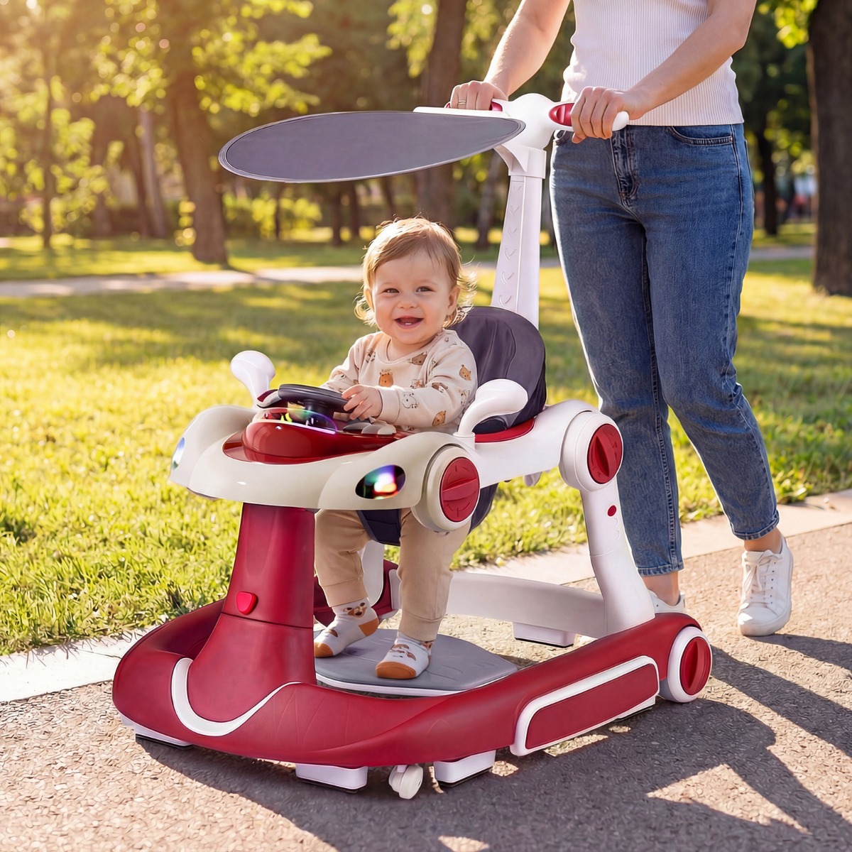 7 in 1 Lauflernhilfe mit Verdeck & Einstellbarer Höhe & Geschwindigkeit Klappbare Lauflerwagen Weinrot