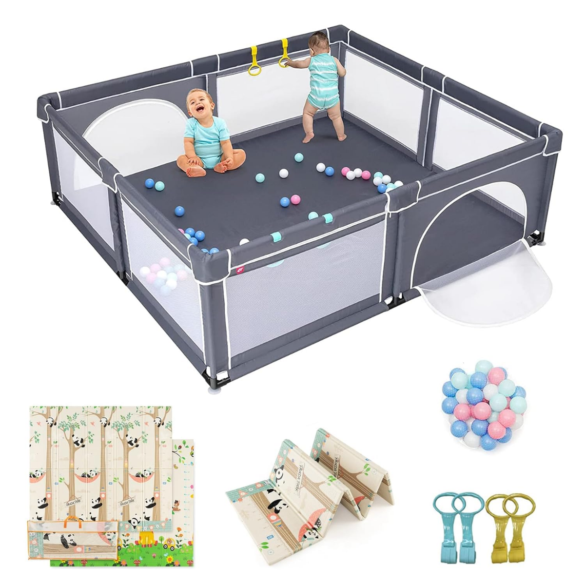 206 x 186cm Baby Laufstall mit Matratze Laufgitter mit 50 Spielbällen (Dunkelgrau Laufstall +  Panda Matratze)