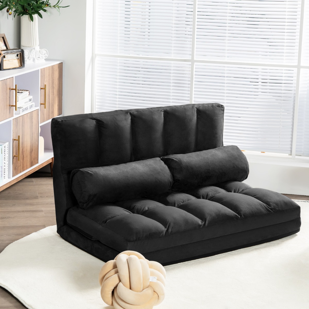 Schlafsofa mit 2 Kissen Sofabett mit 6 Stufig Verstellbarer Rücklehne Lazy Sofa Schwarz