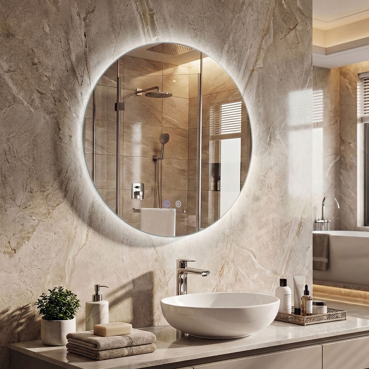 Ø60 Runder LED-beleuchteter Spiegel mit Einstellbarer Helligkeit & Smart Touch Badezimmerspiegel