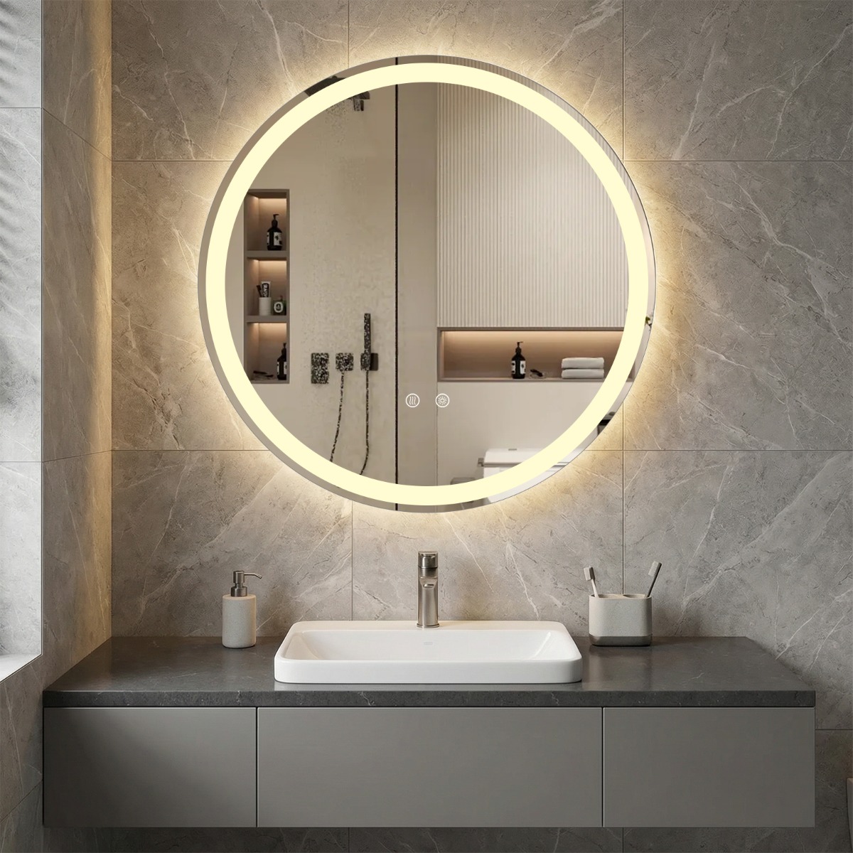 60 cm runder LED-beleuchteter Spiegel Badezimmerspiegel mit einstellbarer Helligkeit Silber