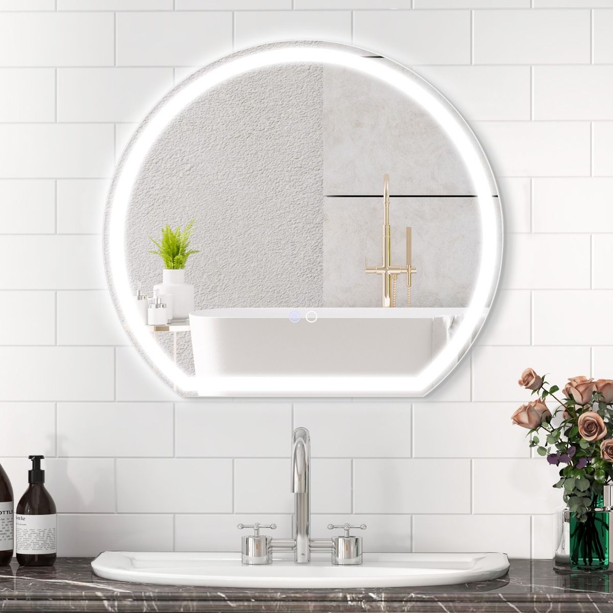 LED Badspiegel mit Beleuchtung Anti-Beschlag Badezimmerspiegel Wandspiegel dimmbar mit Touch-Schalter Silber