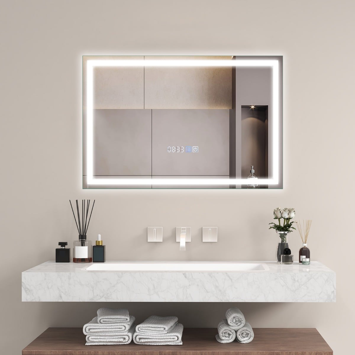 Badspiegel mit Anti-Beschlage Uhr Touchschalter & Memory-Funktion Spiegelheizung LED Spiegel dimmbar Badezimmerspiegel 3000K-6000K 60 x 40 cm