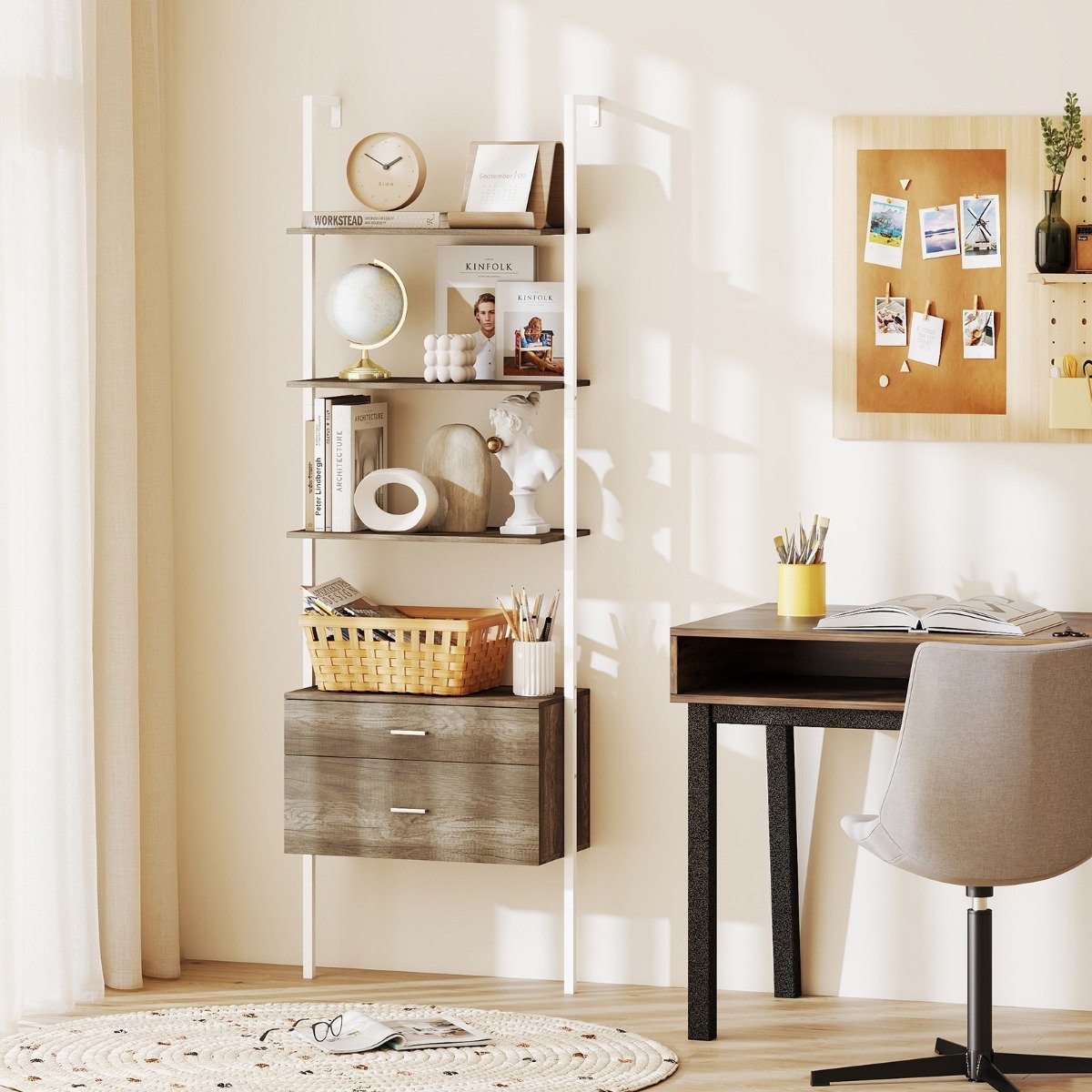 6-stöckiges Leiterregal mit 2 Schubladen wandmontiertes Bücherregal mit Metallrahmen Grau