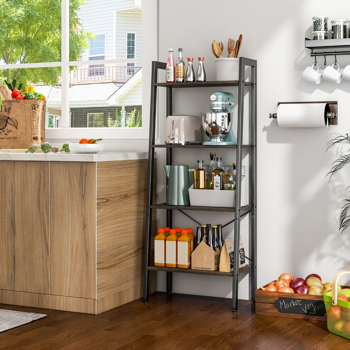 4 Ebenen Bücherregal mit Metallrahmen & Verstellbaren Fußpolstern Graue Eiche