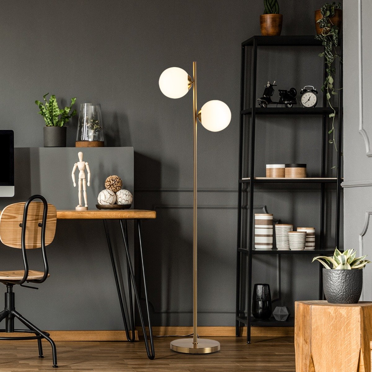 2-flammige Stehlampe aus Milchglas mit 2 Glühbirnen & Fußschalter Moderne Stehleuchte Golden