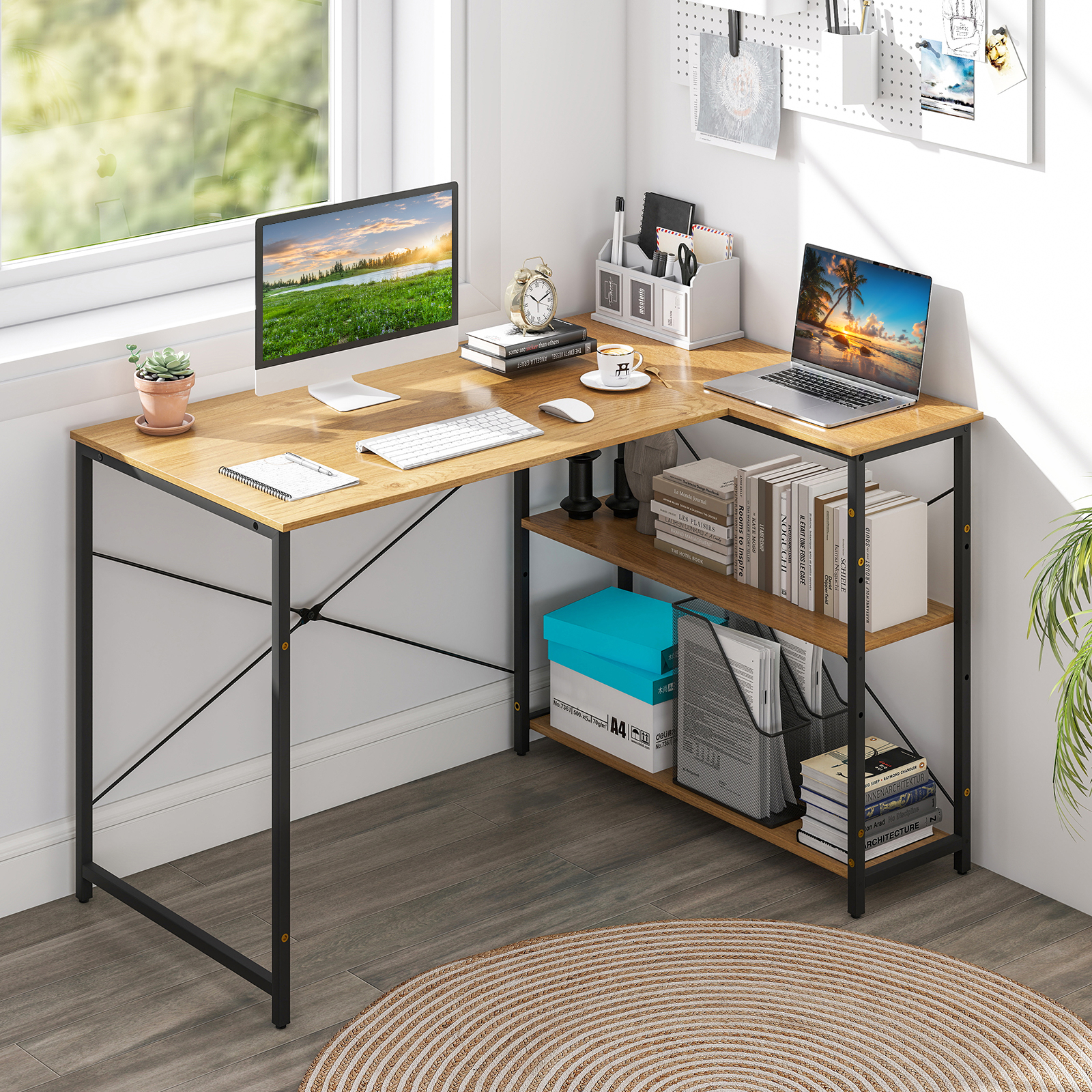 L-förmiger Computer Desk umkehrbarer Eckschreibtisch mit verstellbarem Regal platzsparender Schreib- und Studiertisch Natur