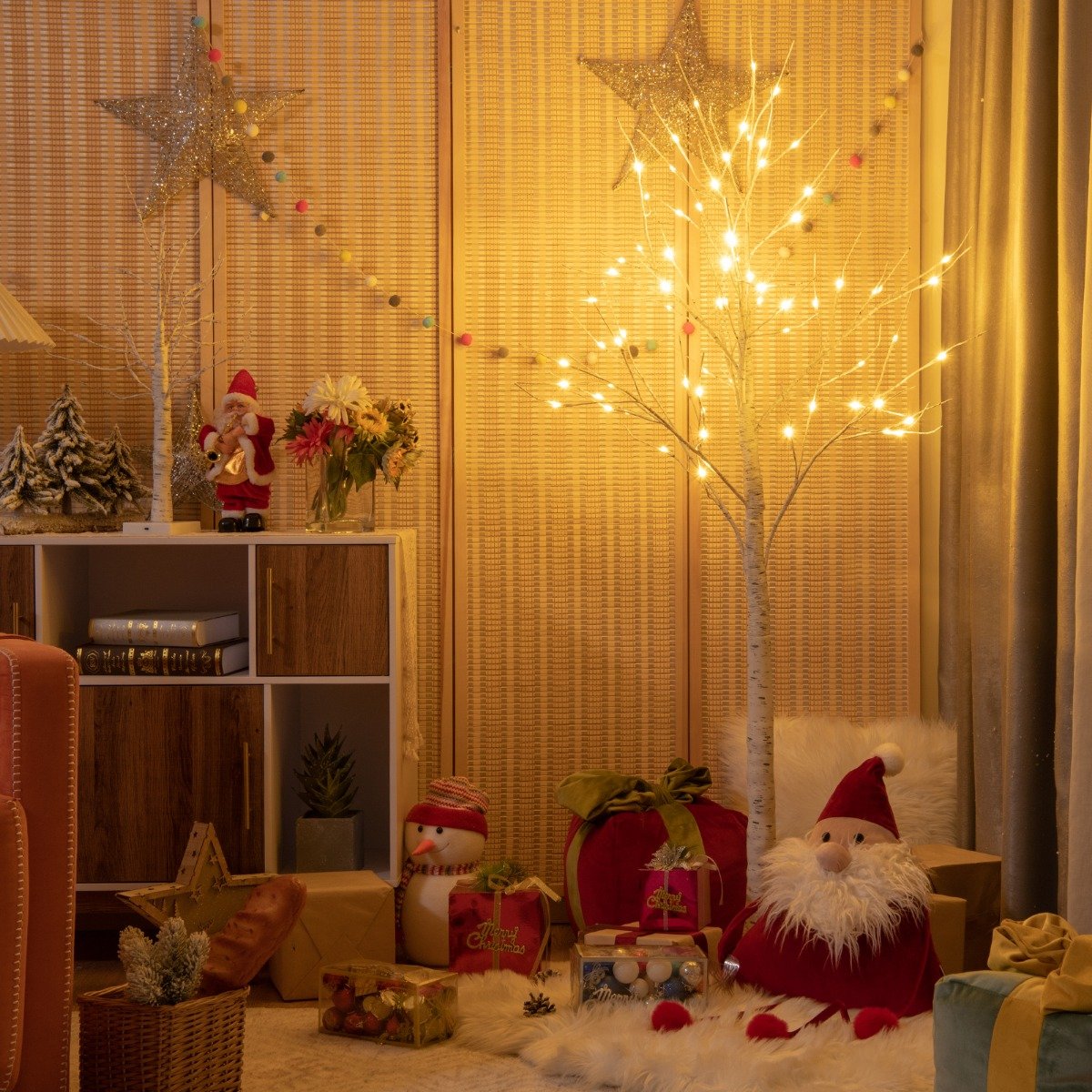 150 cm LED Lichterbaum Birkenbaum mit Warmweißen LED-Leuchten Weiß