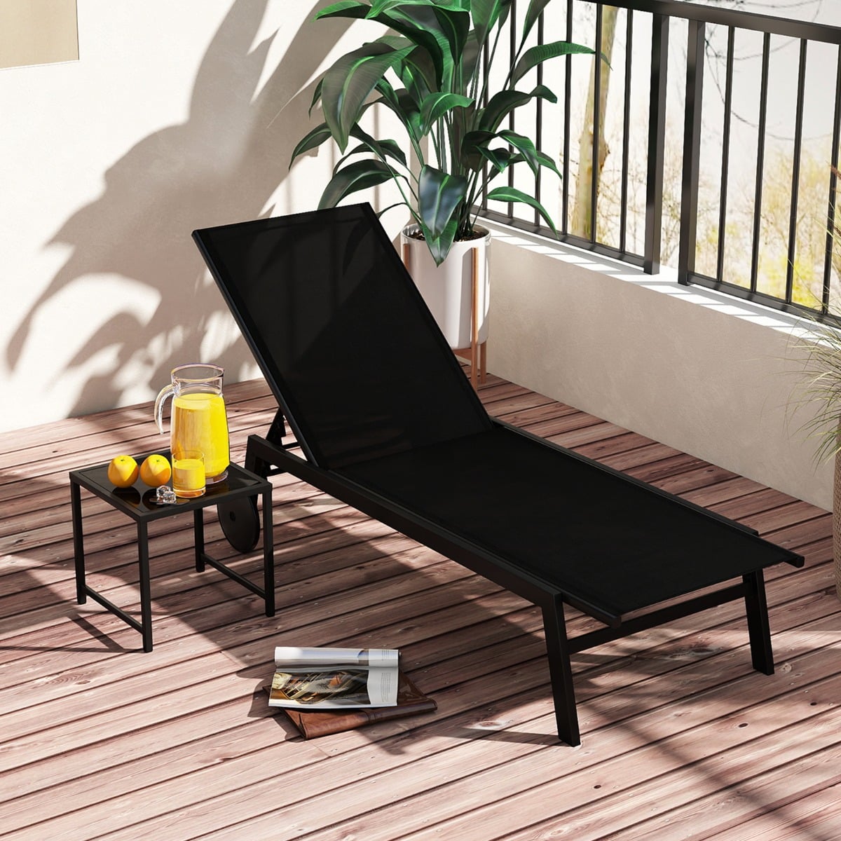 Sonnenliege mit Rollen & Beistelltisch Gartenliege mit Verstellbarer Rückenlehne & Stoff Schwarz
