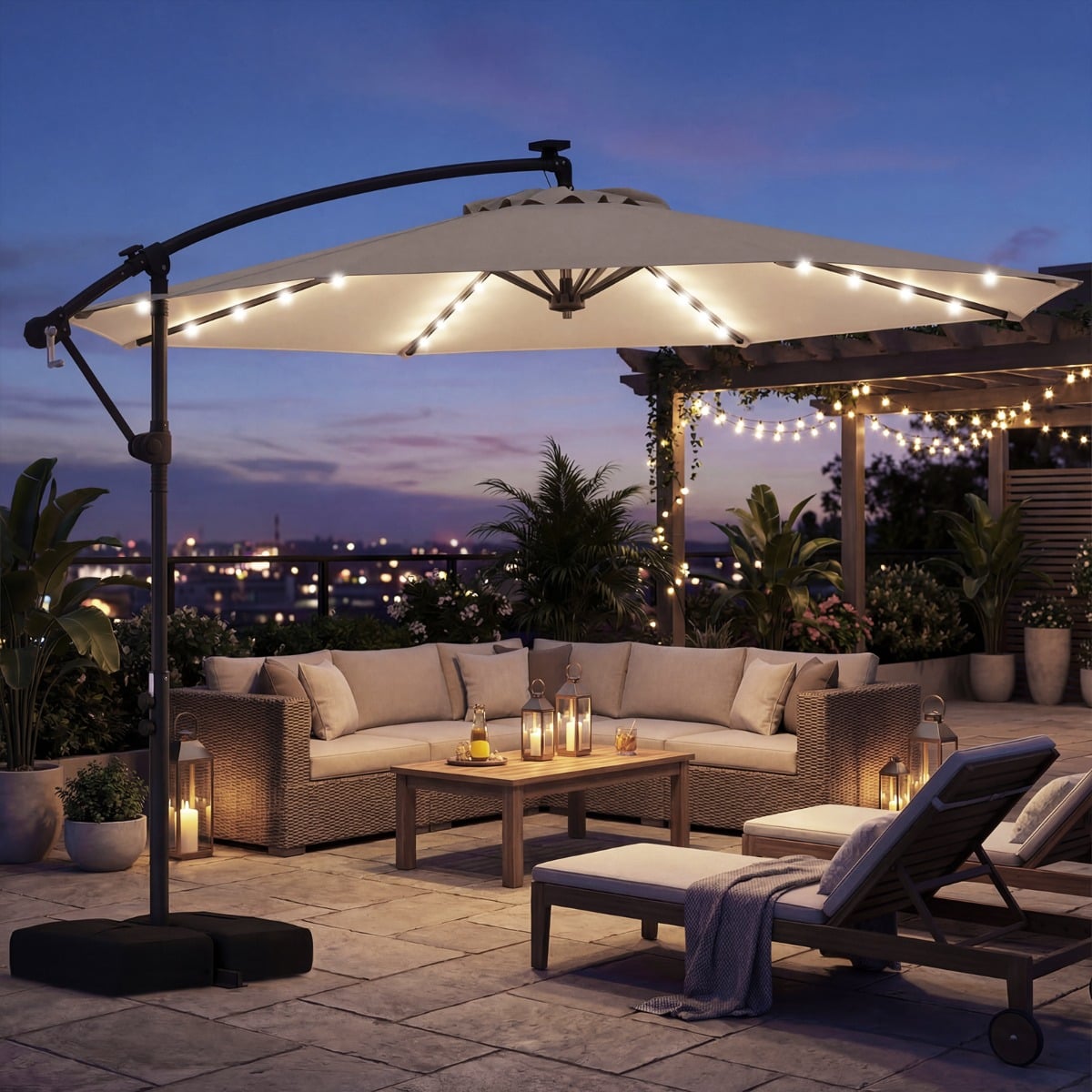 Sonnenschirm mit Ständer & LED-Leuchten & Kurbel 360° Drehbar Ampelschirm Marktschirm Beige
