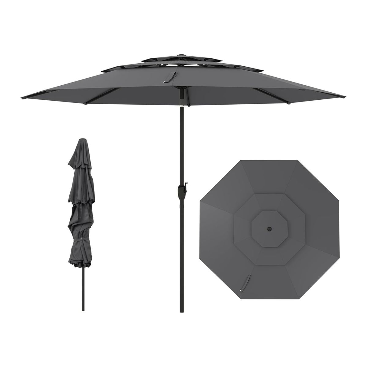 3-stöckiger Sonnenschirm mit Kurbel Windfester Gartenschirm Terrassenschirm Balkonschirm Grau