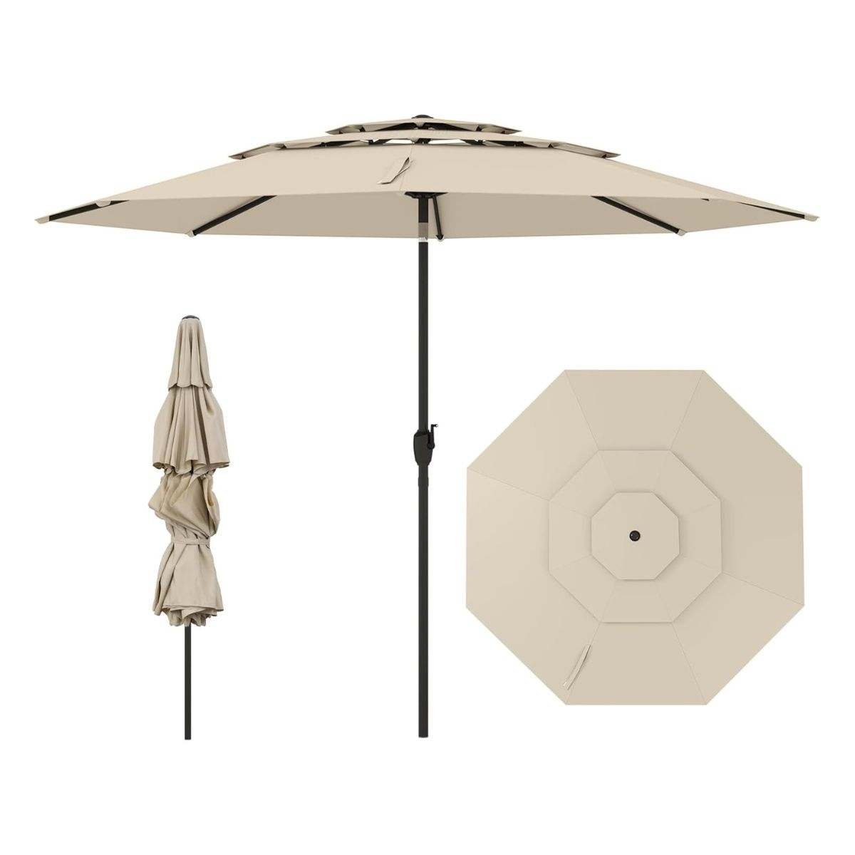 3-stöckiger Sonnenschirm mit Kurbel Windfester Gartenschirm Terrassenschirm Balkonschirm Beige