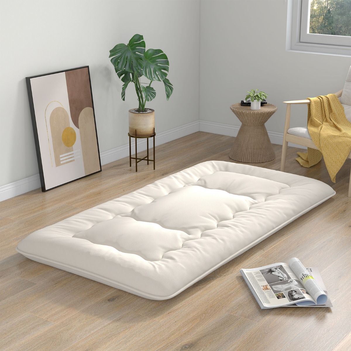Japanische Futon Matratze Tatami-Matte Bodenmatratze Klappmatratze mit waschbarem Bezug Beige 200 x 90 x 10 cm 