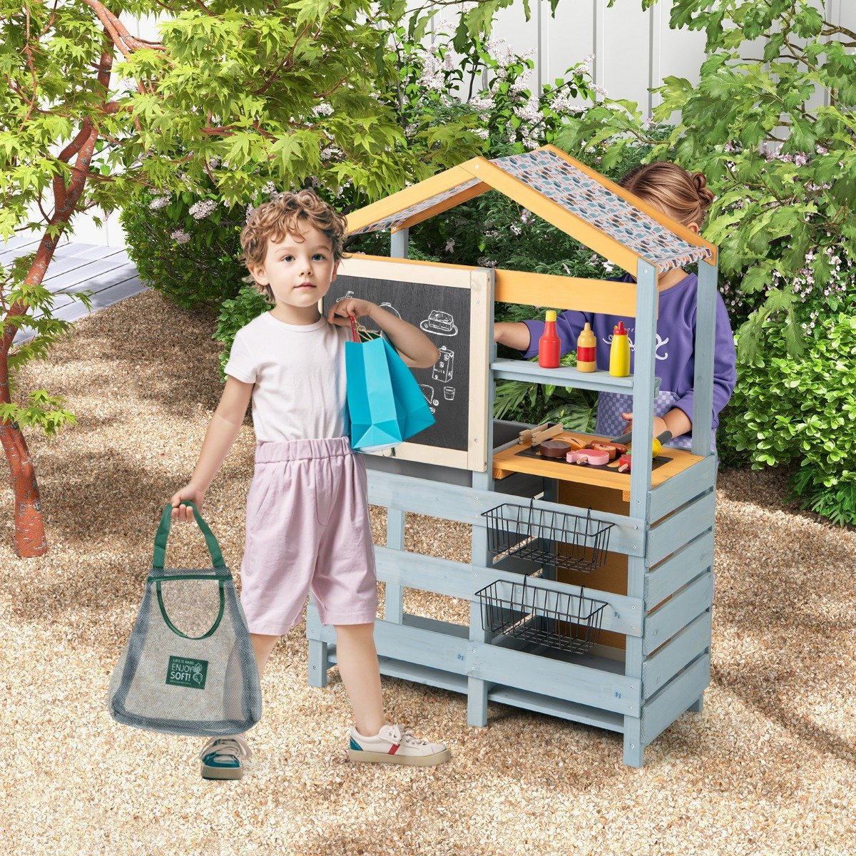 2-IN-1 Matschküche Kinder Outdoor Kinderküche Holz mit Tasche & Körben 75 x 34 x 111 cm Multicolor