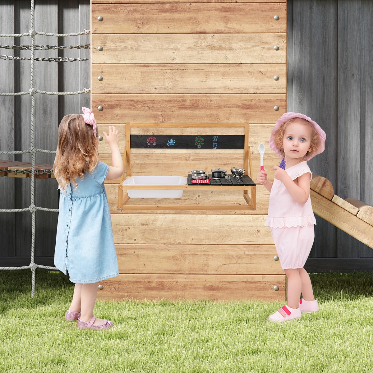 Matschküche Kinder Outdoor Kinderküche Tannenholz mit Zubehör Natur 81 x 36 x 49 cm