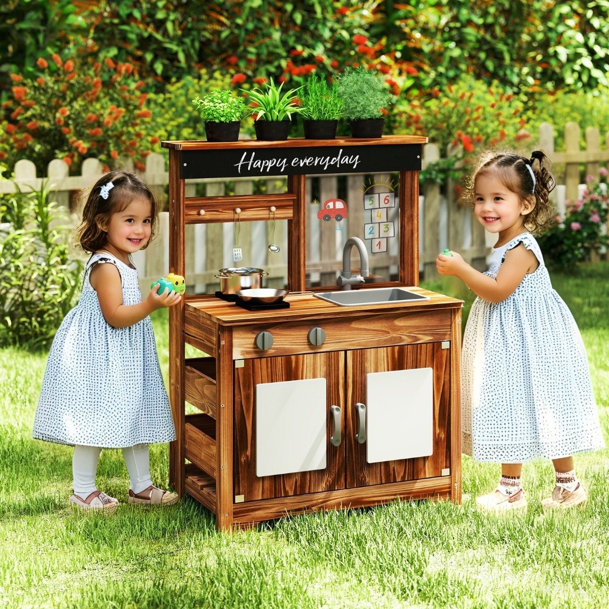 Matschküche Kinder Outdoor Kinderküche Tannenholz mit 4 Kochtöpfen Braun