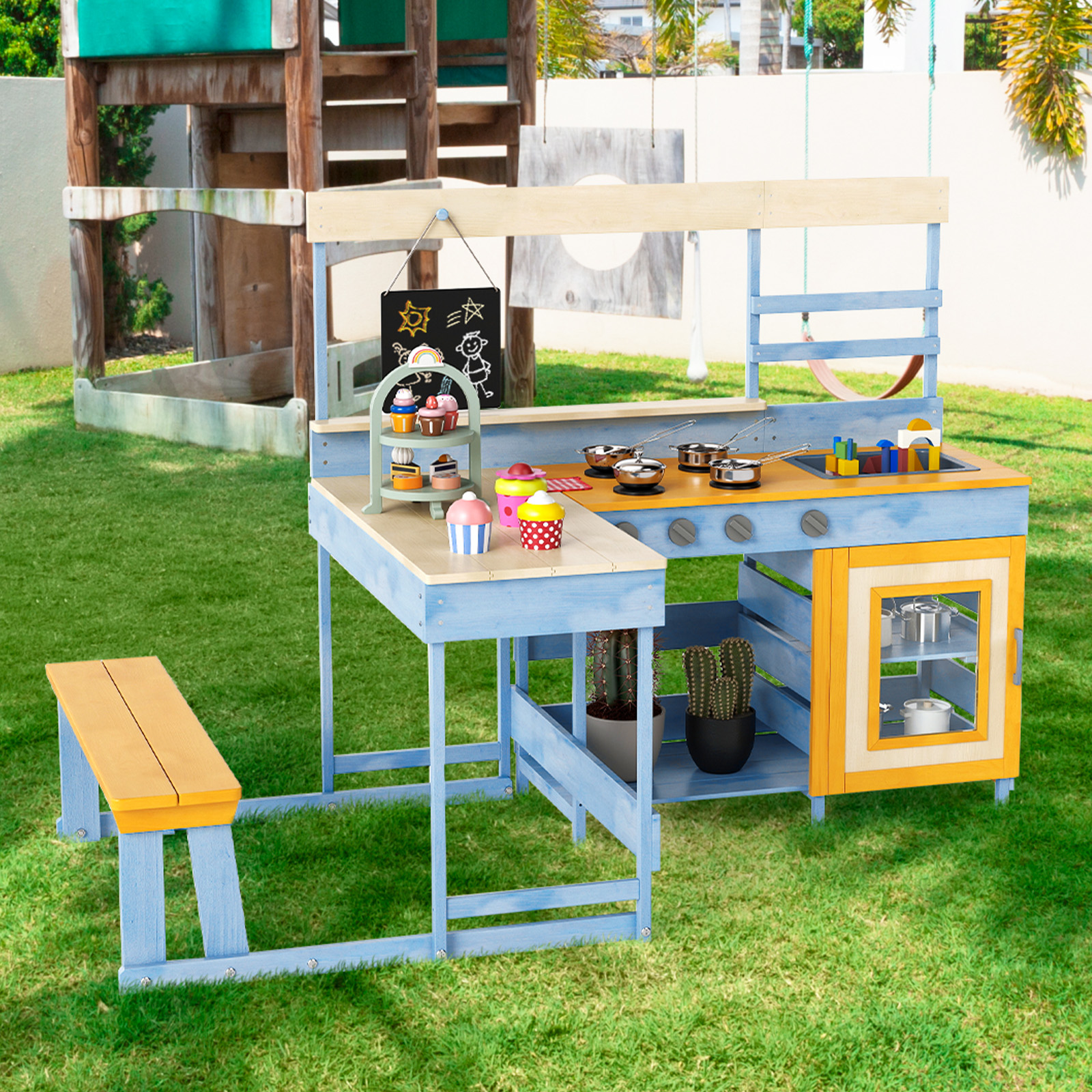 Matschküche mit Picknicktisch für Kinder Spielküche aus Tannenholz mit eingebauter Bank Blau