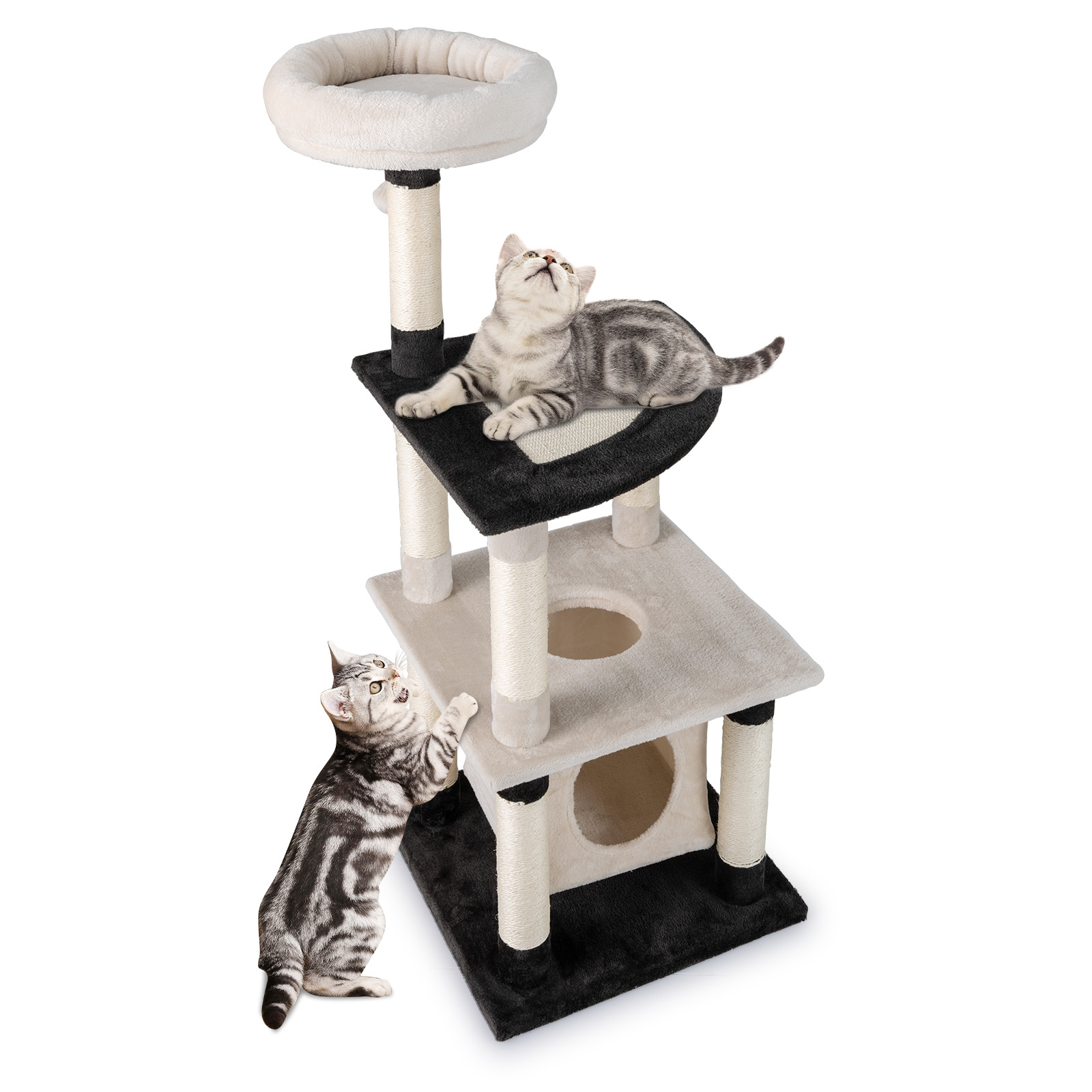 Mehrstöckiger Katzenbaum moderner hoher Katzenturm mit Sisal-Kratzpfosten & Platte gewölbte Plattform Beige