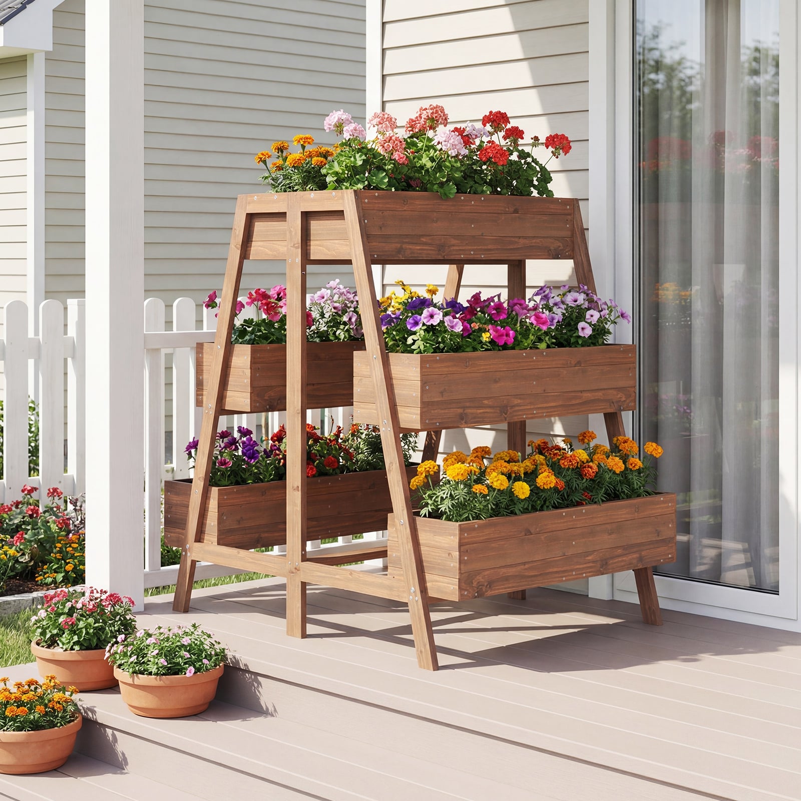 Mehrstufiges Hochbeet Blumenbeet Holz mit Lattenboden-Design & 6 Pflanzkästen Natur 126 x 90 x 115 cm