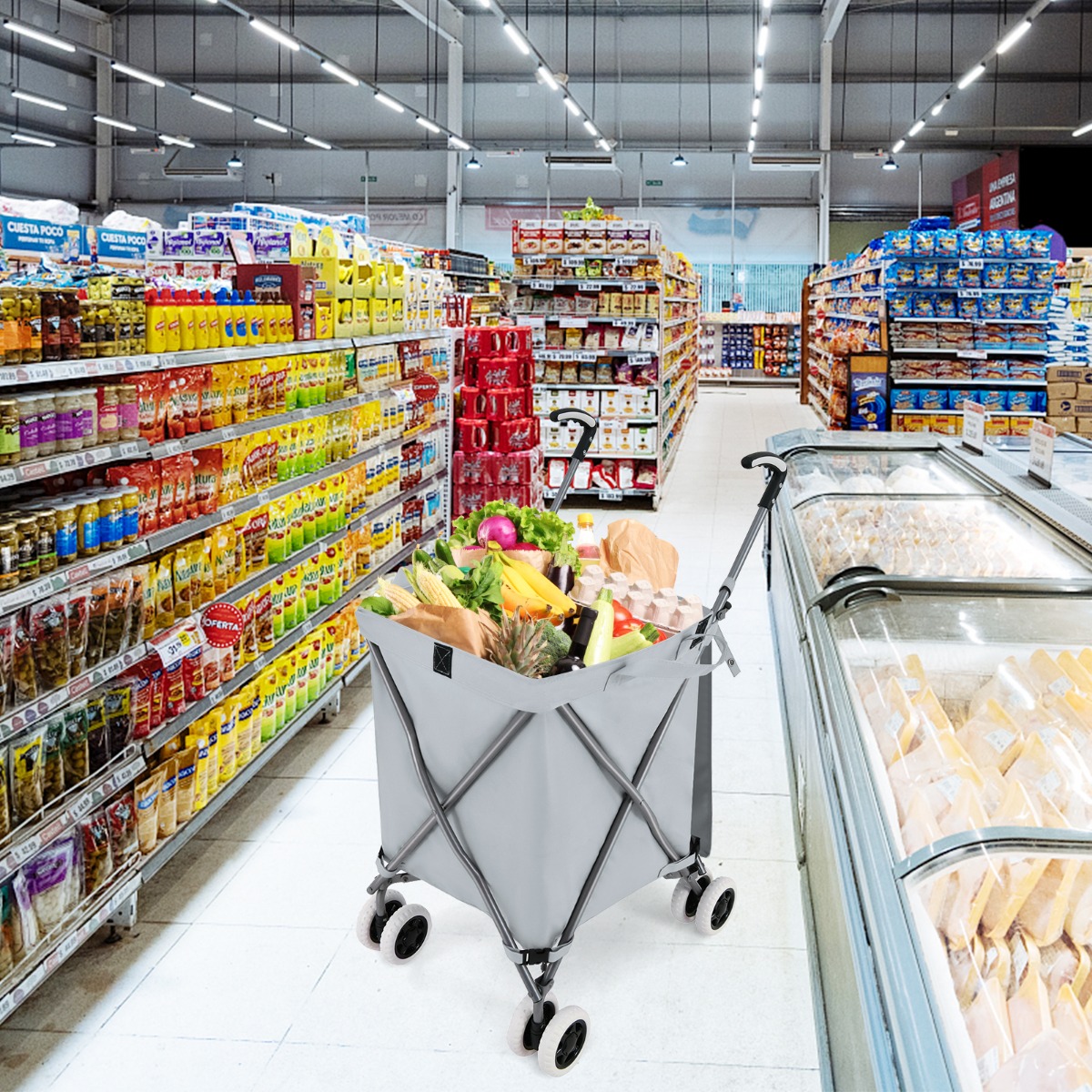 Faltbarer Einkaufstrolley mit Rädern Kapazität 90 L/55 kg Handwagen mit Abnehmbarer Oxford-Tasche Grau