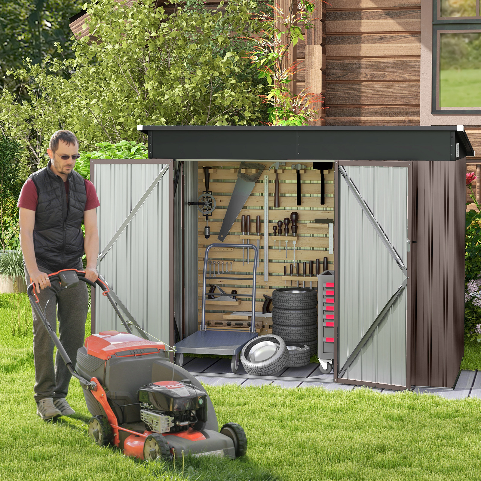 Metall Gartenhaus mit Vordertür & Seitentür & Pultdach Gerätehaus Geräteschuppen 235 x 117 x 185 cm Hellbraun