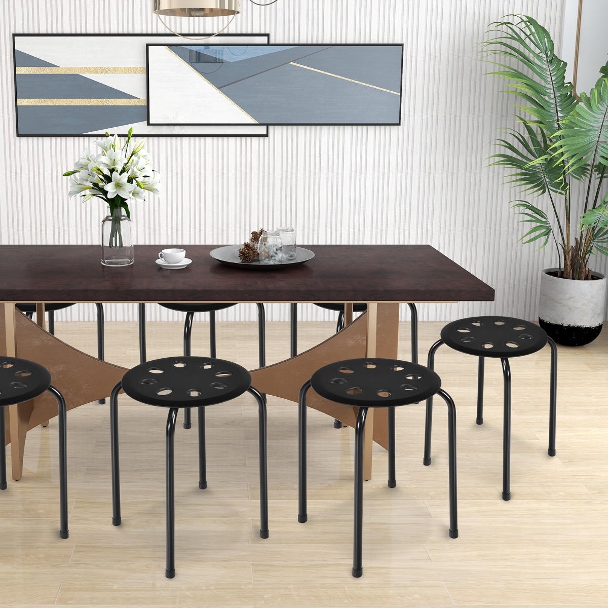 6er-Pack stapelbare Metallhocker mit X-förmigem Metallrahmen Runder Sitz Schwarz