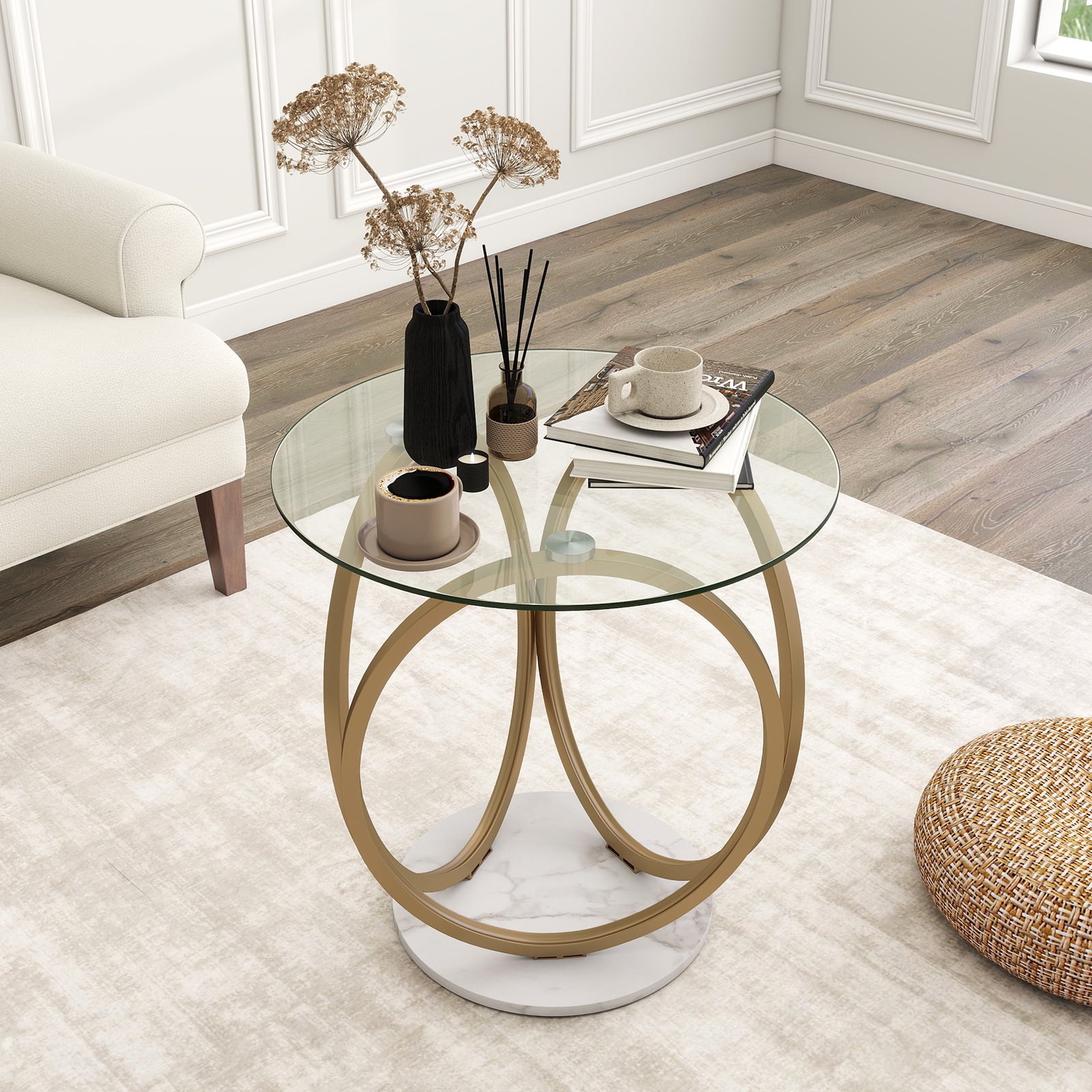 Minimalistischer Glastisch mit Geometrischem Goldfarbenem Metallringgestell Moderner Couchtisch