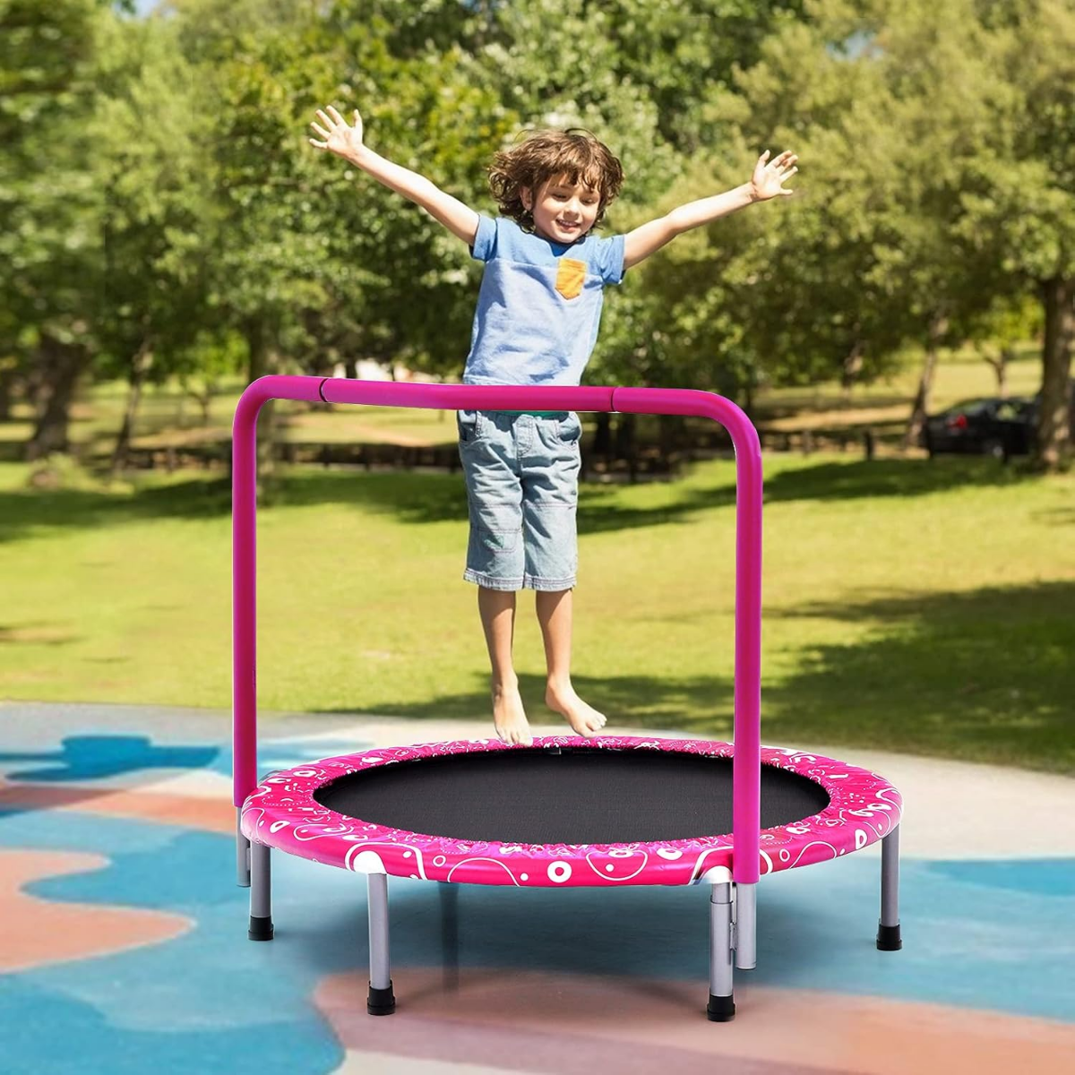 φ92 cm Kindertrampolin Mini-Trampolin mit Griff klappbares Trampolin bis 150kg belastbar Rosa + schwarz