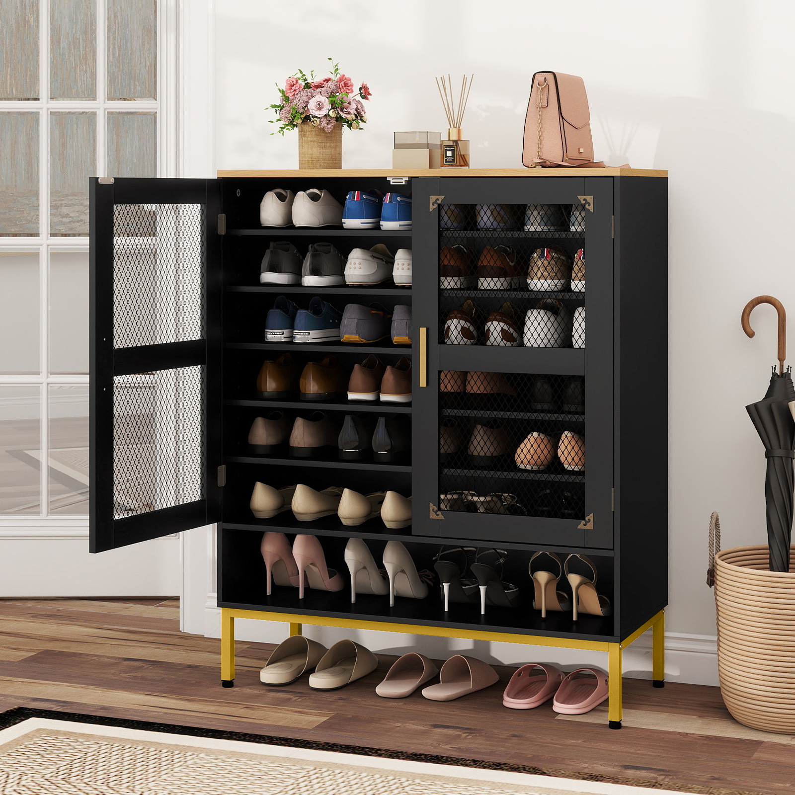 Moderner Holz Schuhschrank mit Maschentüren & Verstellbaren Regalen & Metallbeinen Schwarz