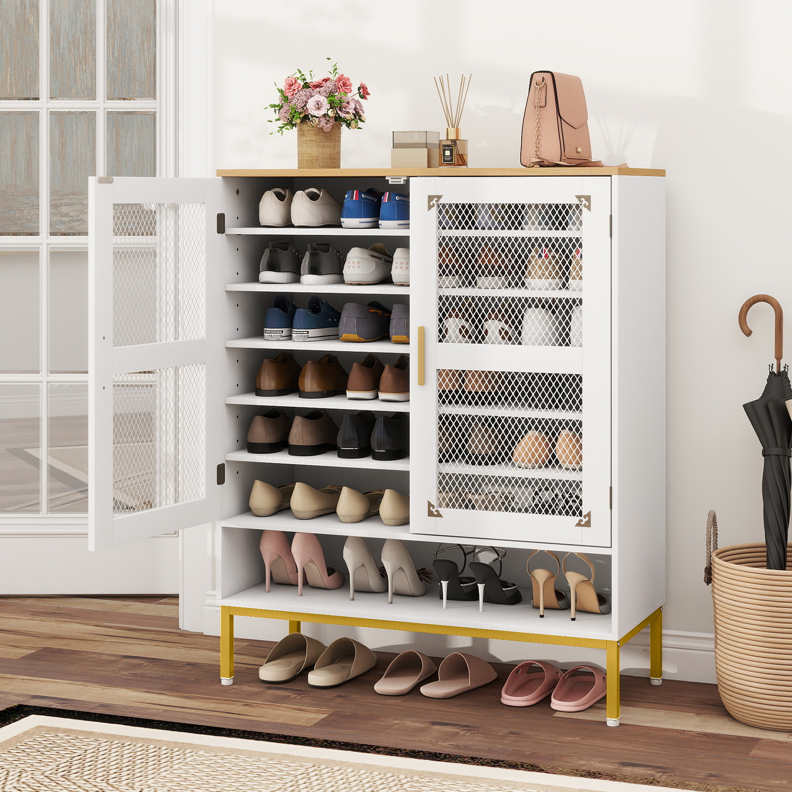 Moderner Holz Schuhschrank mit Maschentüren & Verstellbaren Regalen & Metallbeinen Weiß