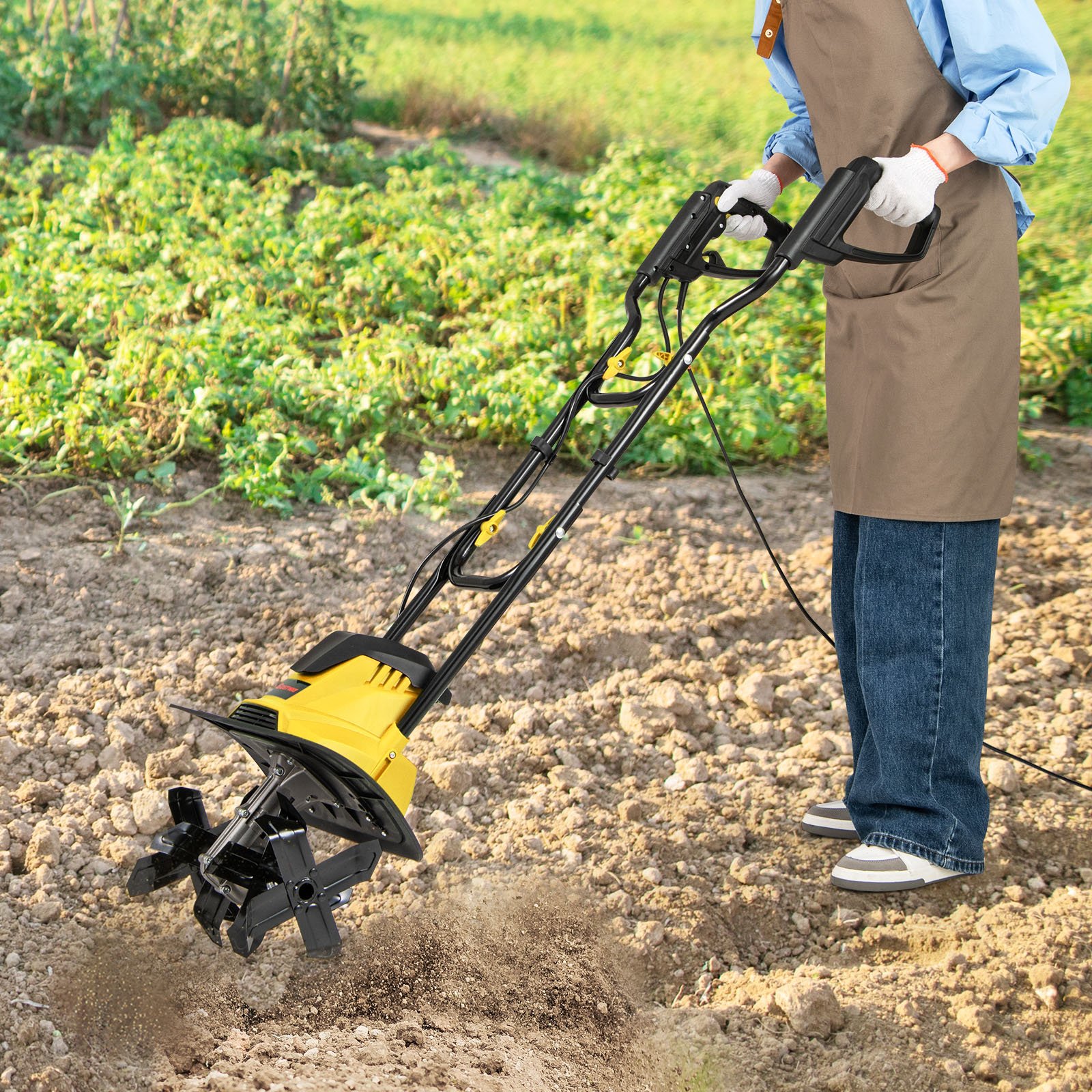 Motorhacke elektrisch 1200W | Arbeitsbreite 36 cm | Arbeitstiefe 22 cm | 380 U/min Elektro Bodenhacke mit Schutzschalter & Handgriff 36,5 x 24 x 138 cm Gelb