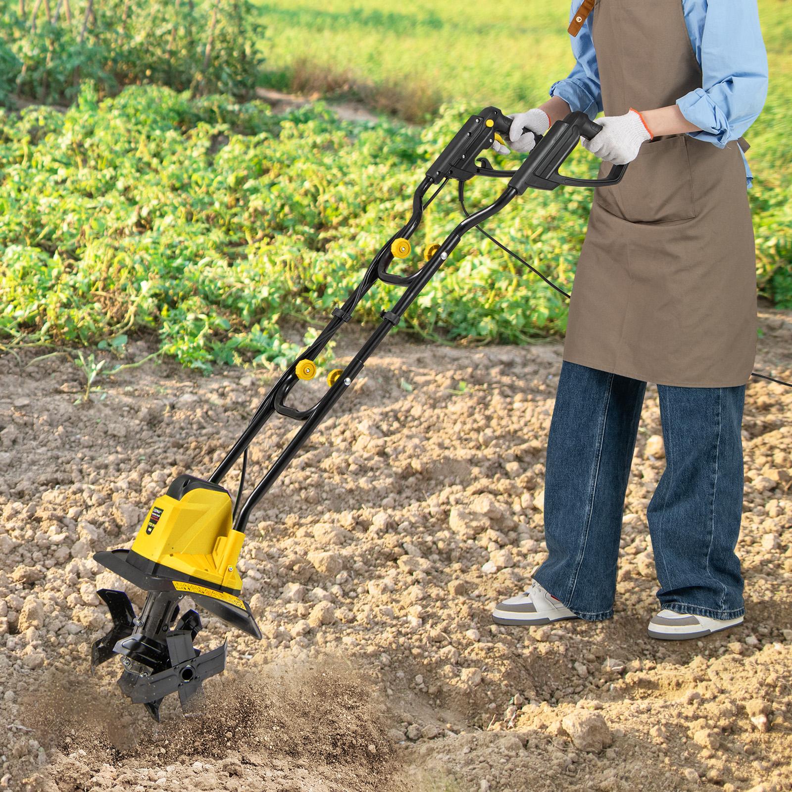 Motorhacke elektrisch 750W | Arbeitsbreite 32 cm | Arbeitstiefe 22 cm | 380 U/min Elektro Bodenhacke mit Schutzschalter 32,5 x 24 x 138 cm Gelb