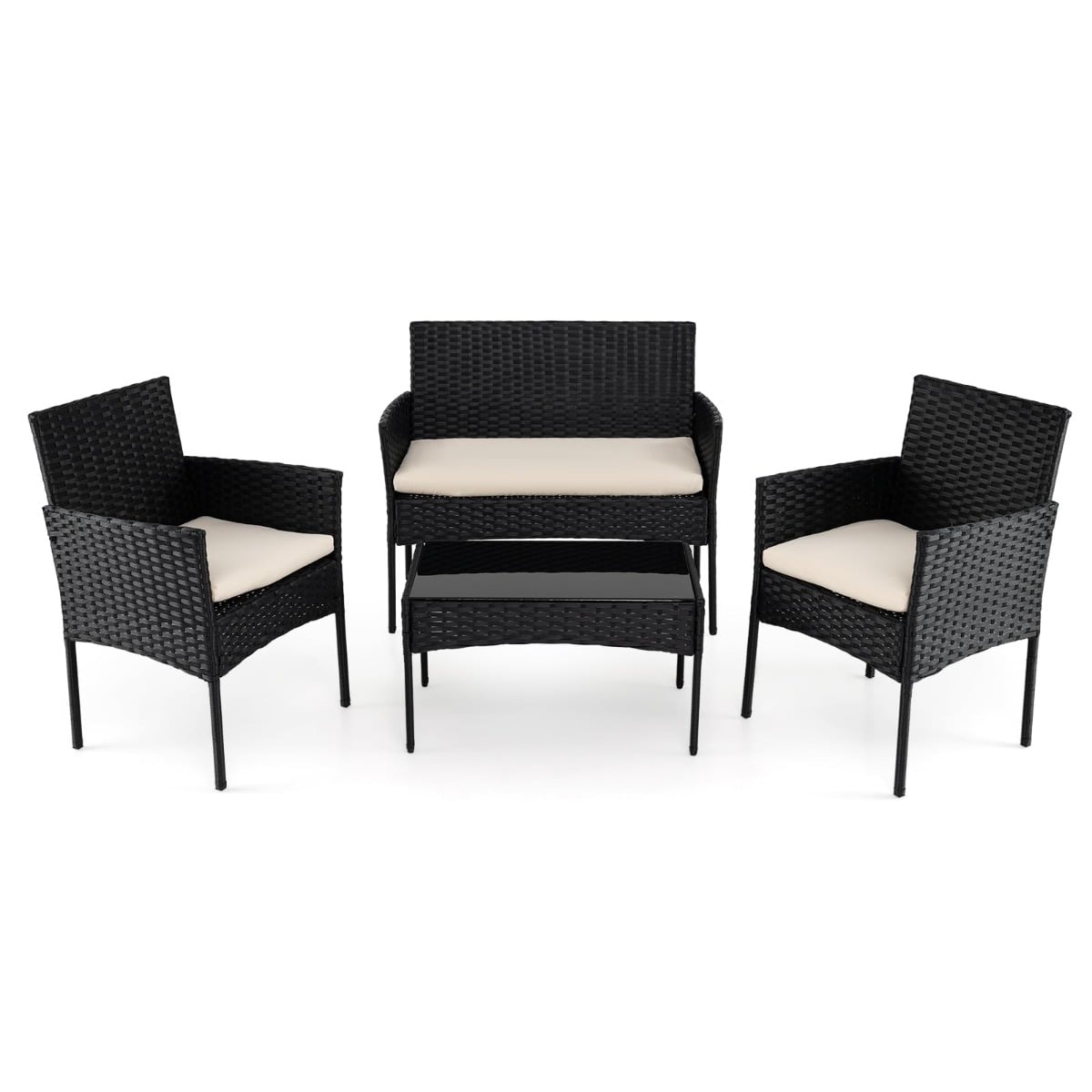 Rattan Gartenmöbel Set mit 2 Stühlen & Bank & Tisch & Kissen Sitzgruppe Gartengarnitur Beige