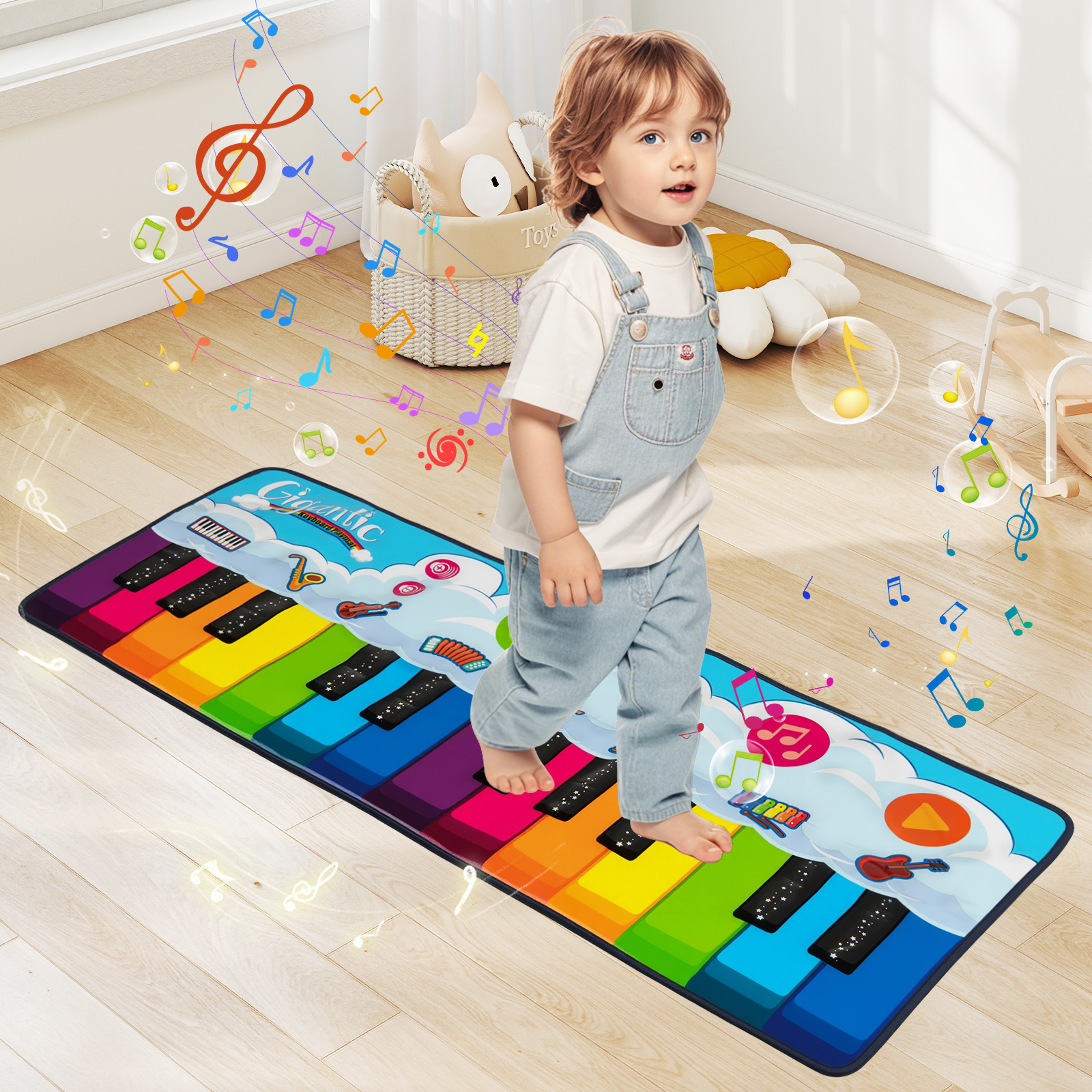 Musikmatte Kinder Klaviermatte mit 8 Musikinstrumente Keyboard Tanzmatte mit Aufnahme & Wiedergabefunktion Spielzeug 120 x 47 cm
