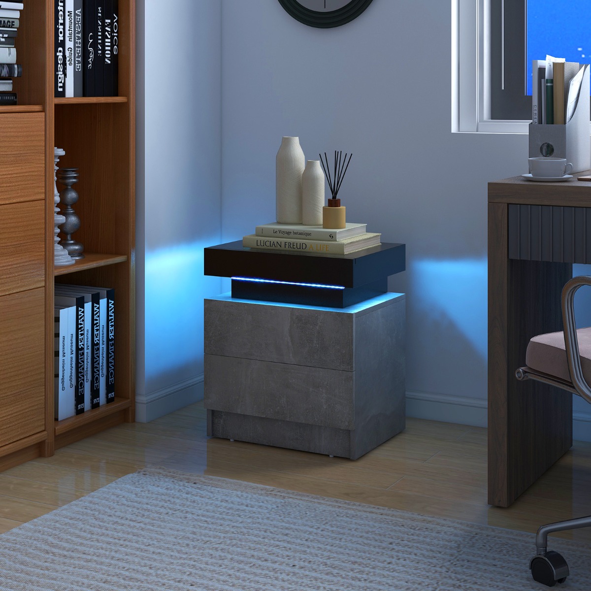 Nachttisch mit LED-Leuchten & 2 Schubladen & Fernbedienung Nachtschrank 45 x 35 x 52cm Grau