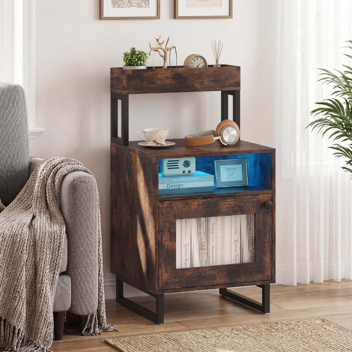 Moderner Nachttisch mit LED-Lichtern & Oberem Tablett Beistelltisch Sofatisch Nachtschrank Rustikal Braun