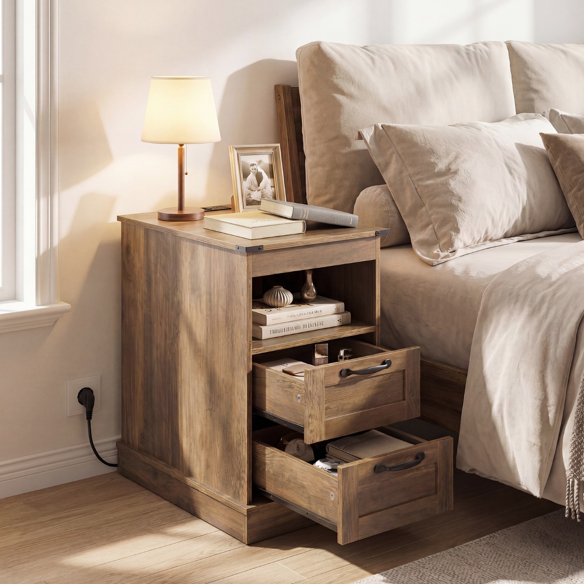 Nachttisch mit Ladestation Schmaler Beistelltisch mit Offenem Ablagefach & 2 Schubladen Braun