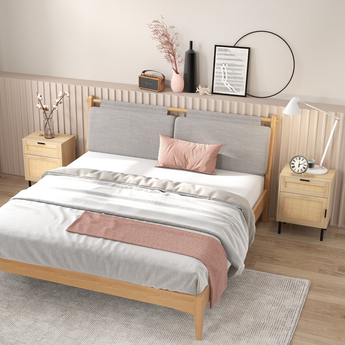 Nachttisch Rattan 2er Set Nachtschrank mit Schublade und Schrank 45 x 30 x 59 cm Natur