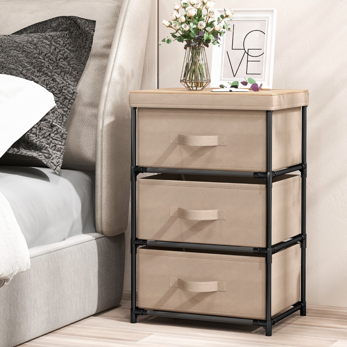 2er Set Nachttisch mit Stoffschubladen Beistelltisch mit Metallrahmen stoffkommode Braun