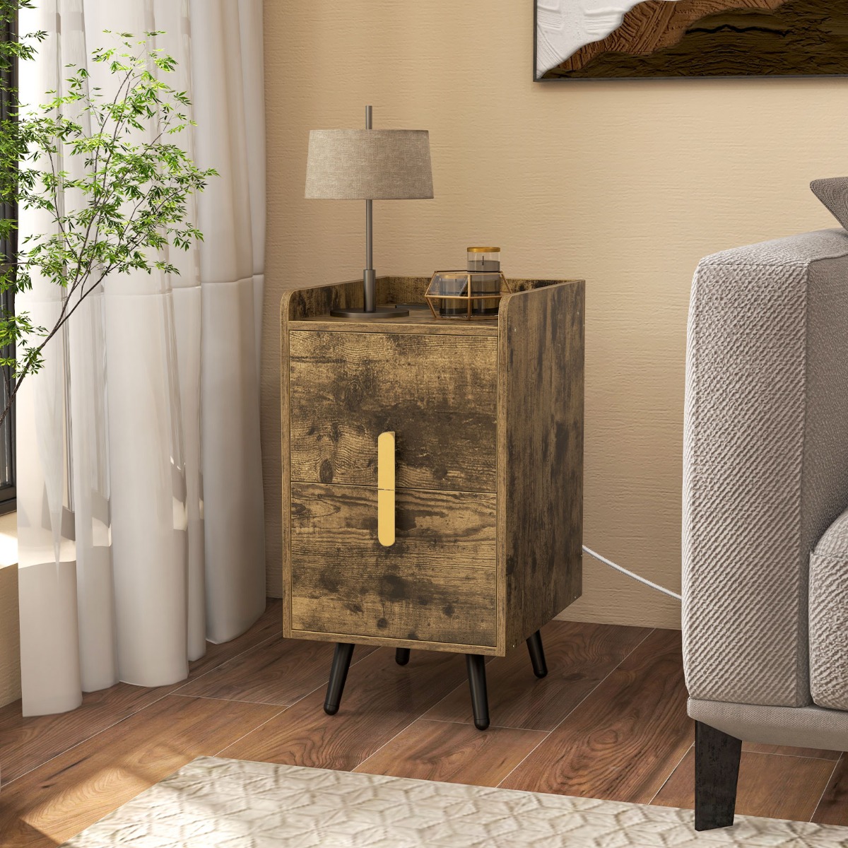 Nachttisch mit Ladestation schmaler Nachtschrank mit 2 Schubladen & USB-Anschlüssen 40 x 32 x 60 cm Rustikales Braun