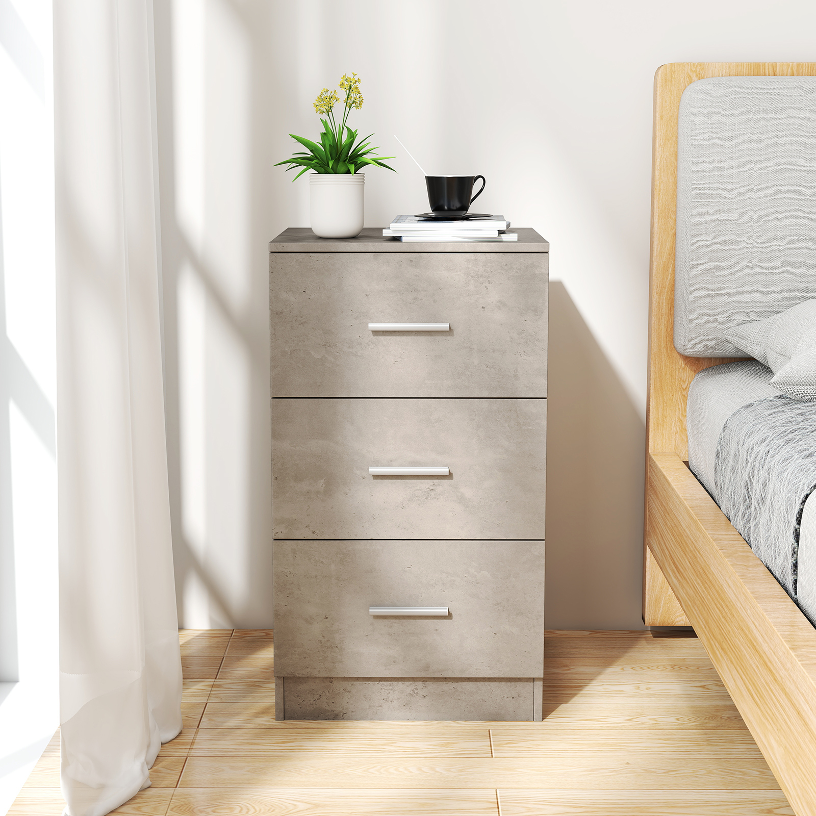 Nachttisch mit 3 Schubladen Hochglanz Nachtschrank Nachtkommode für Boxspringbett 37 x 34 x 66,5 cm Zementgrau