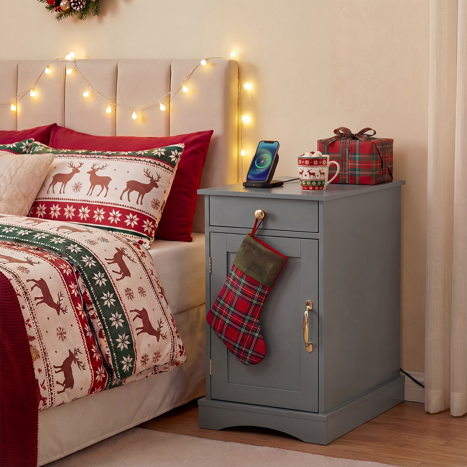 2er Set Nachttisch mit Ladestation Beistelltisch mit Verstellbarem Regal Holz Nachtschrank Grau