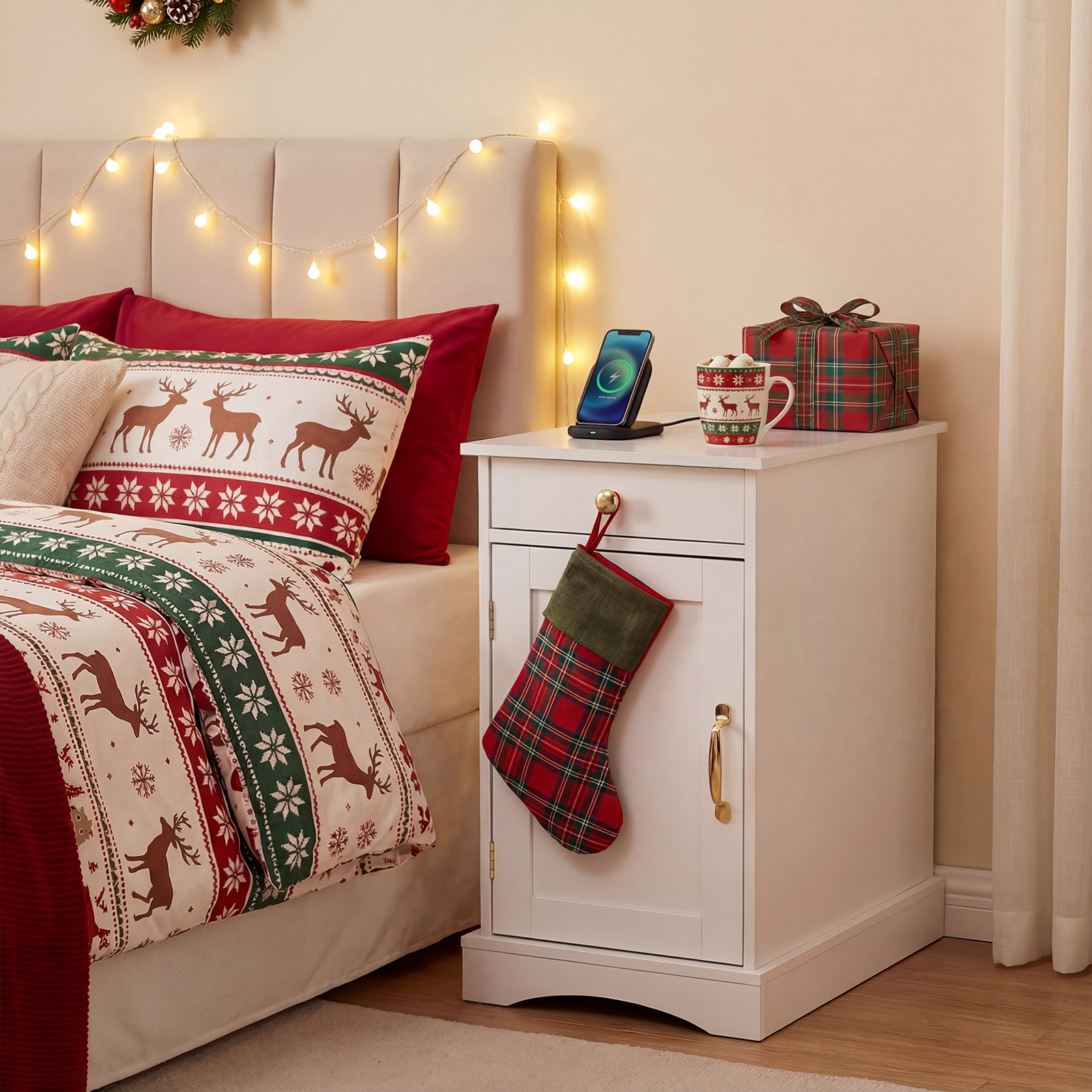 Nachttisch mit Ladestation Beistelltisch mit Verstellbarem Regal Holz Nachtschrank Weiß