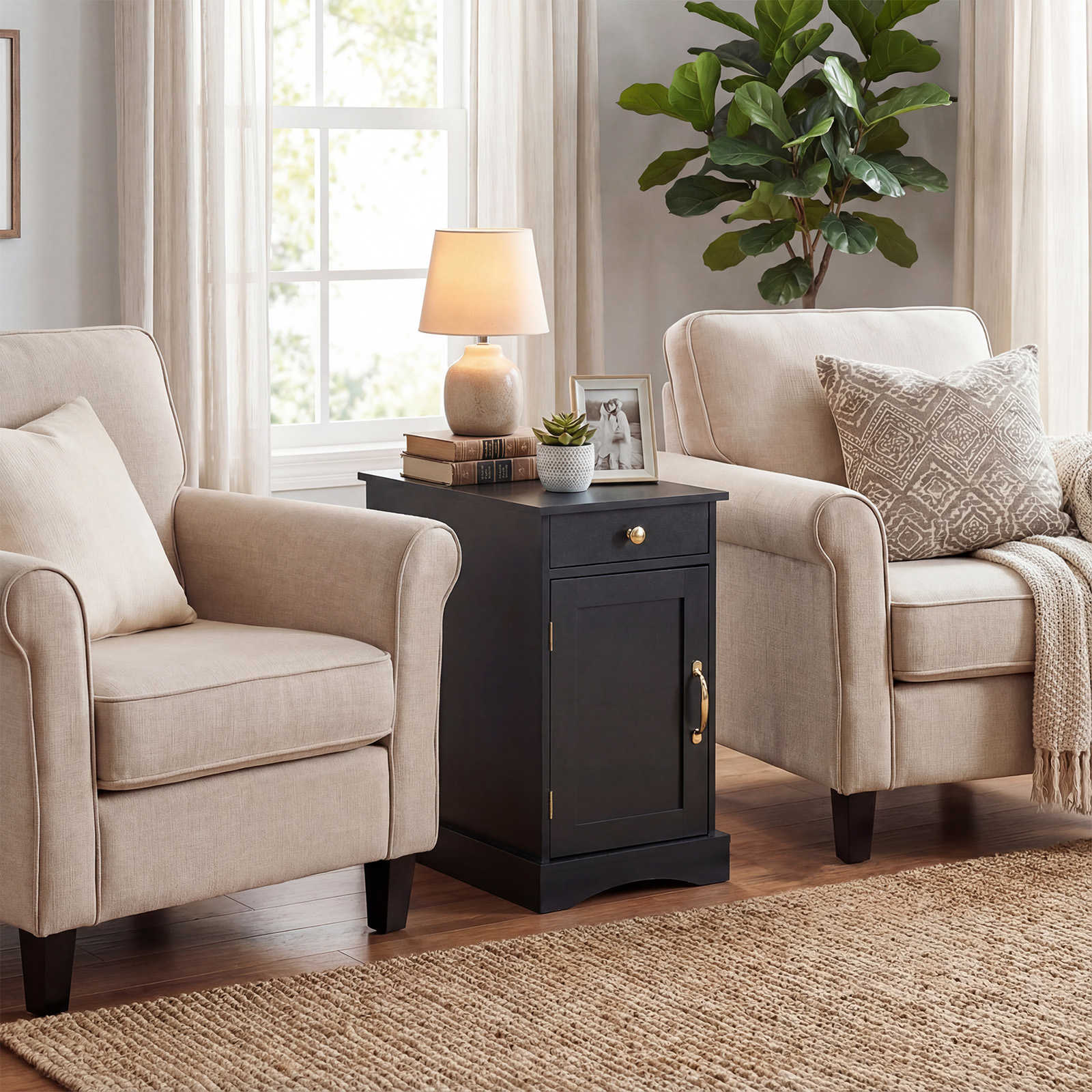 2er Set Nachttisch mit Ladestation Beistelltisch mit Verstellbarem Regal Holz Nachtschrank Schwarz