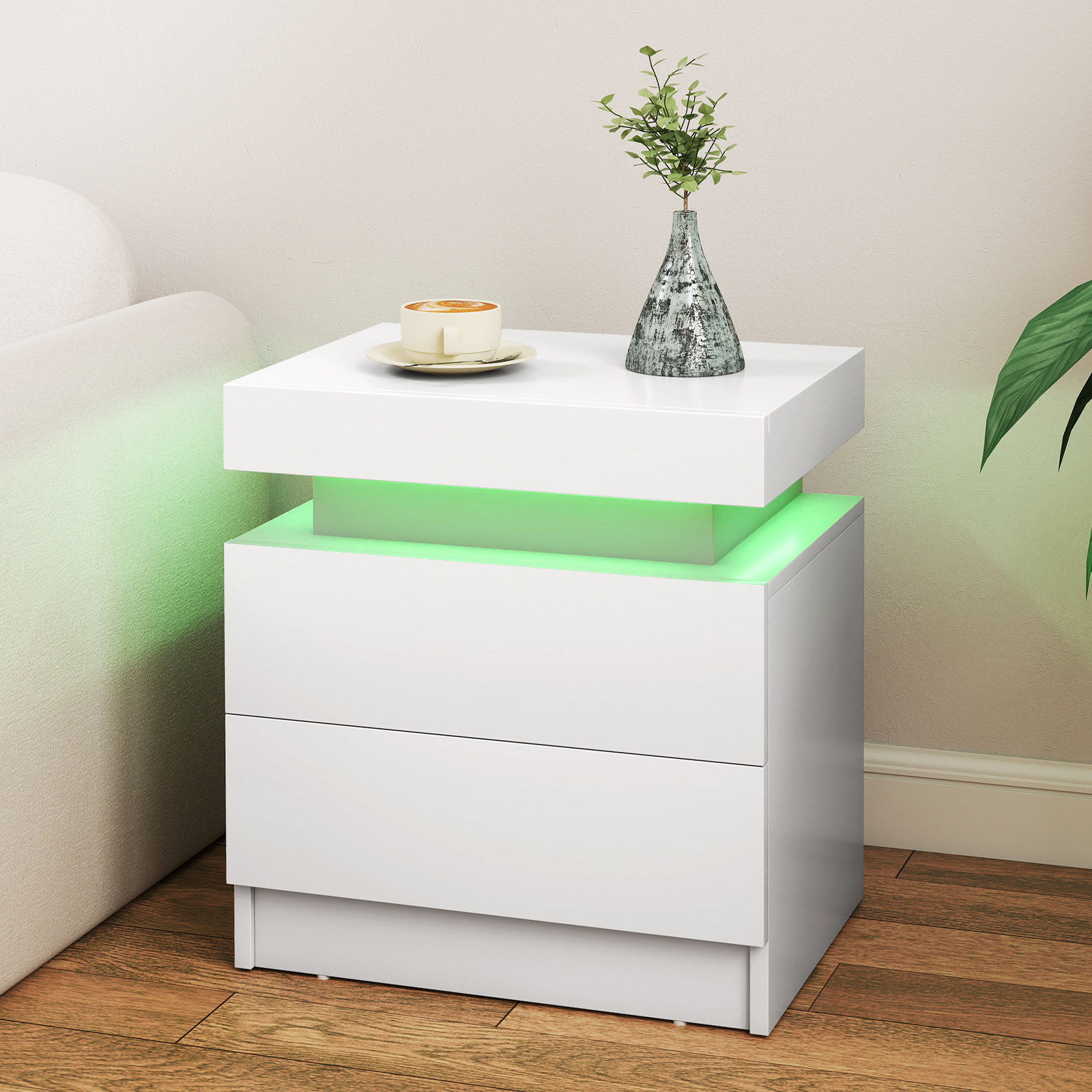 Nachttisch mit LED-Leuchten Nachtkommode mit 2 Schubladen moderner Beistelltisch Weiß